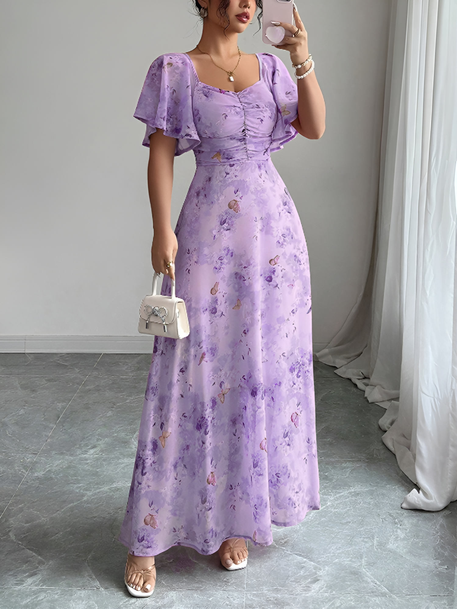 Floral Print Ruffled Sleeve Ruched Wedding Maxi Dress Light Purple/XS