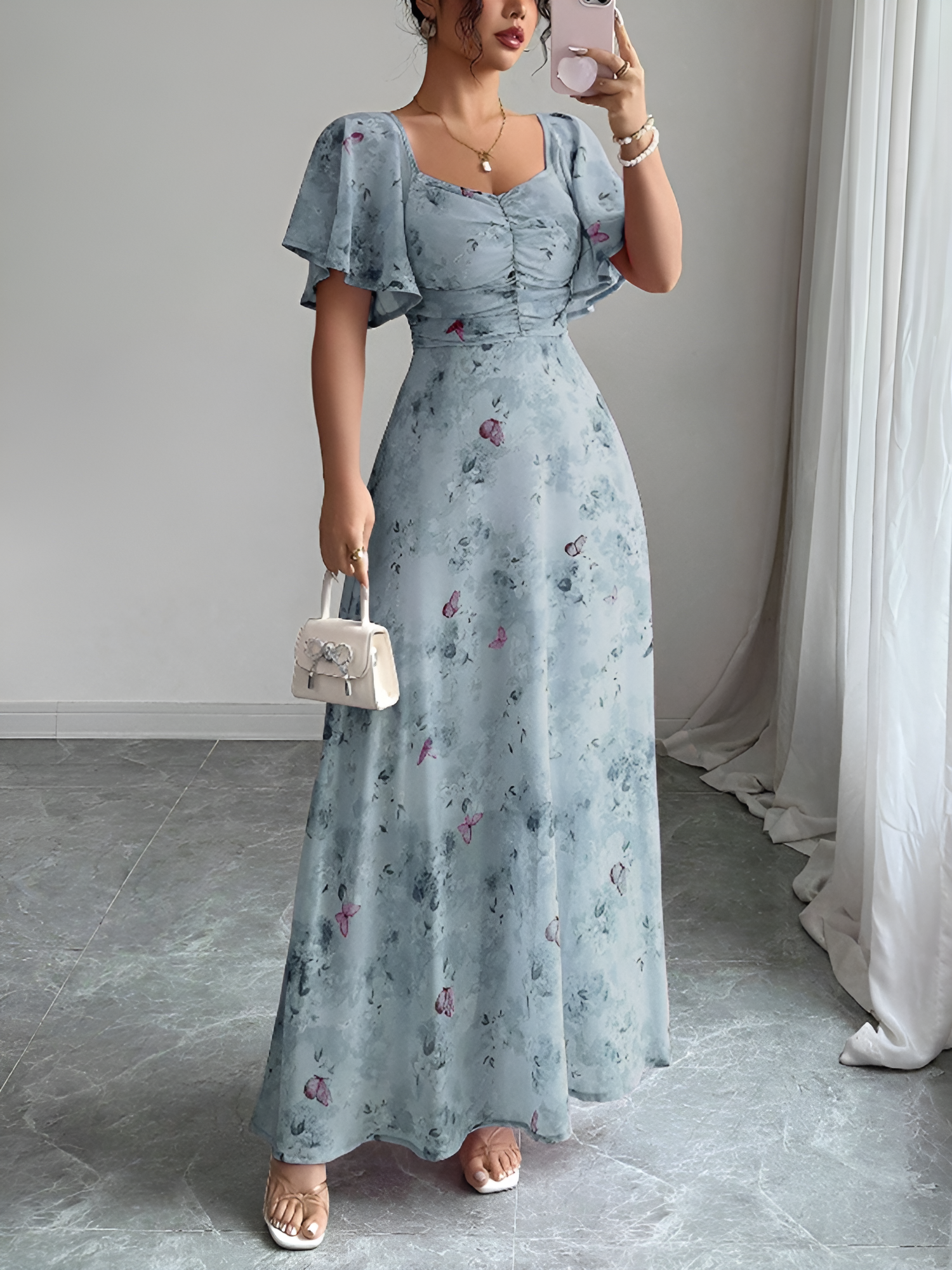 Floral Print Ruffled Sleeve Ruched Wedding Maxi Dress Navy Blue/XS
