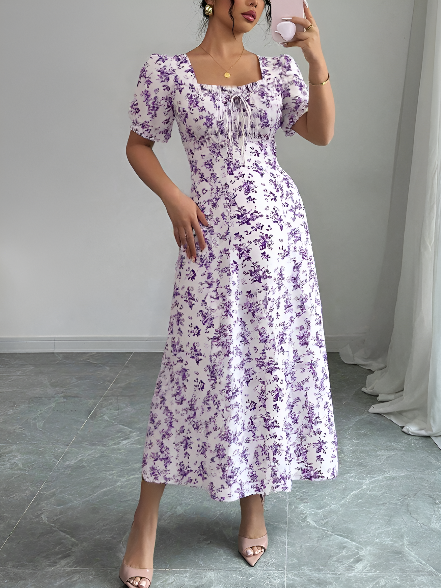 Floral Ruffled Square Neck Puff Sleeves Maxi Dress Light Purple/XL