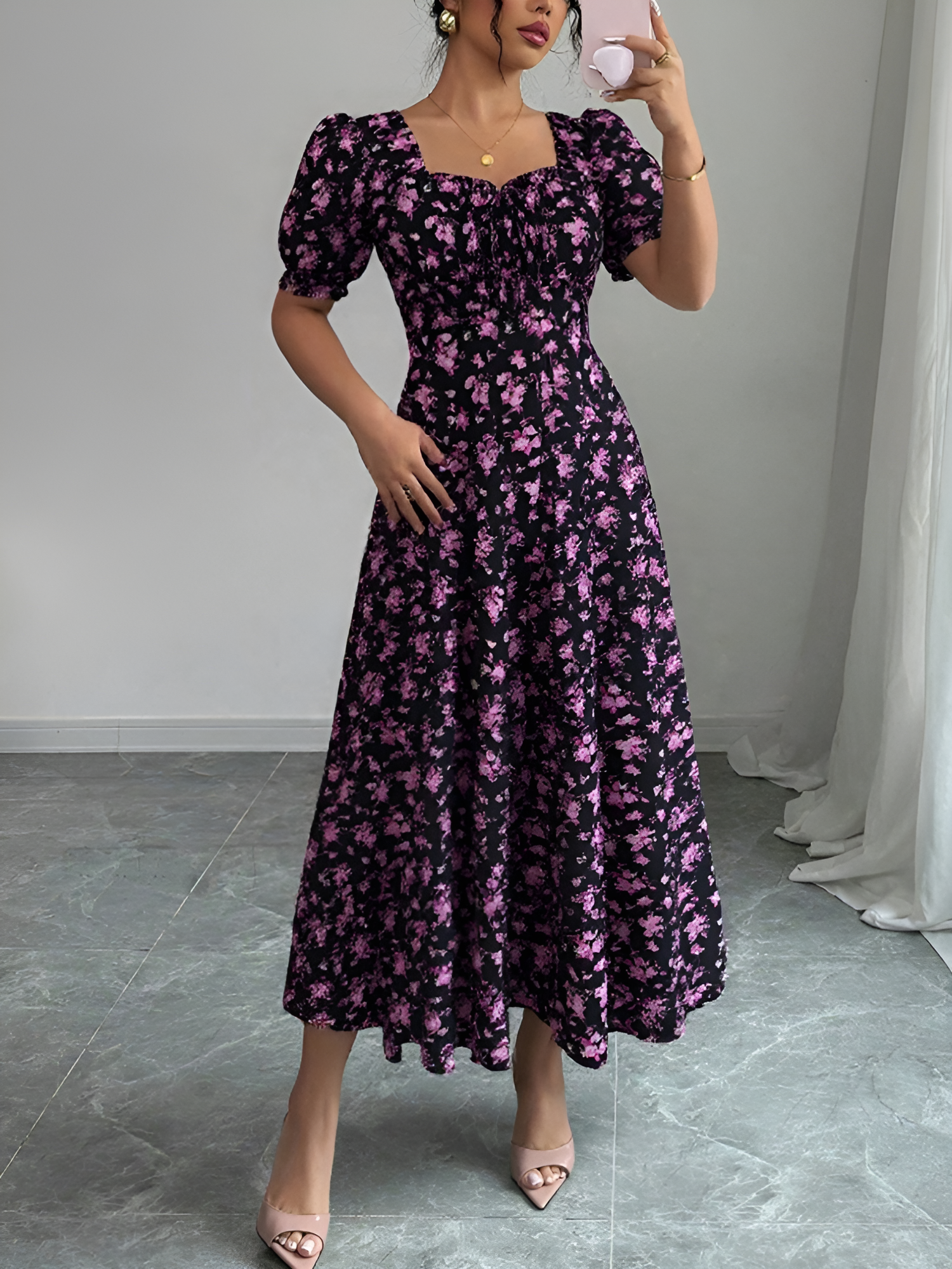 Floral Ruffled Square Neck Puff Sleeves Maxi Dress Dark Purple/XL