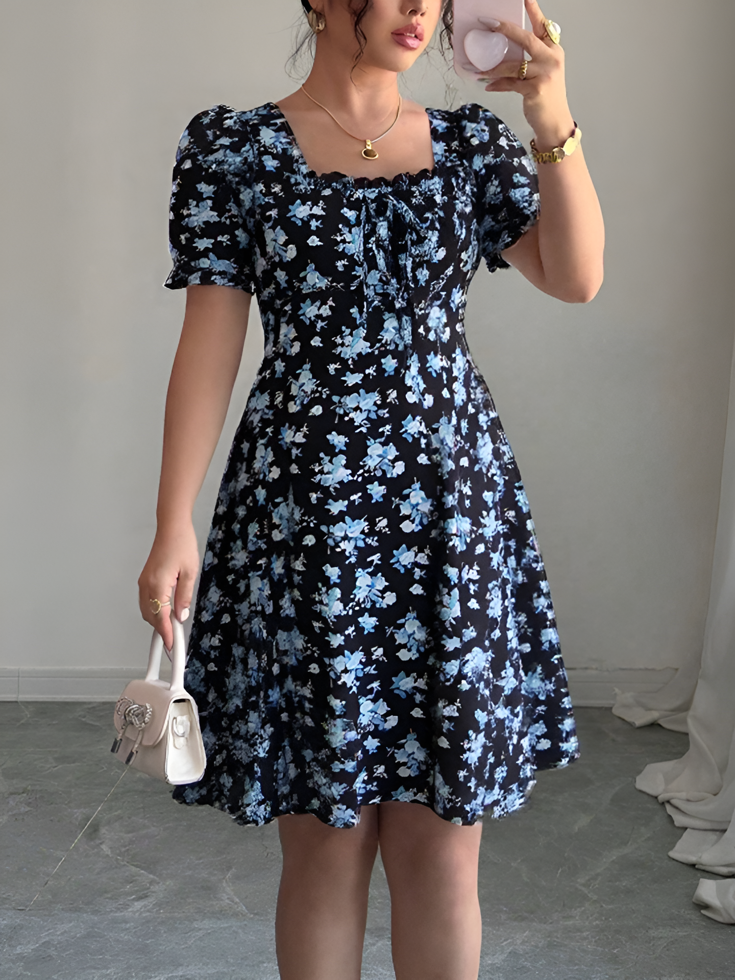 Floral Puff Sleeves Ruffled Smocked Back Mini Dress Blue/S