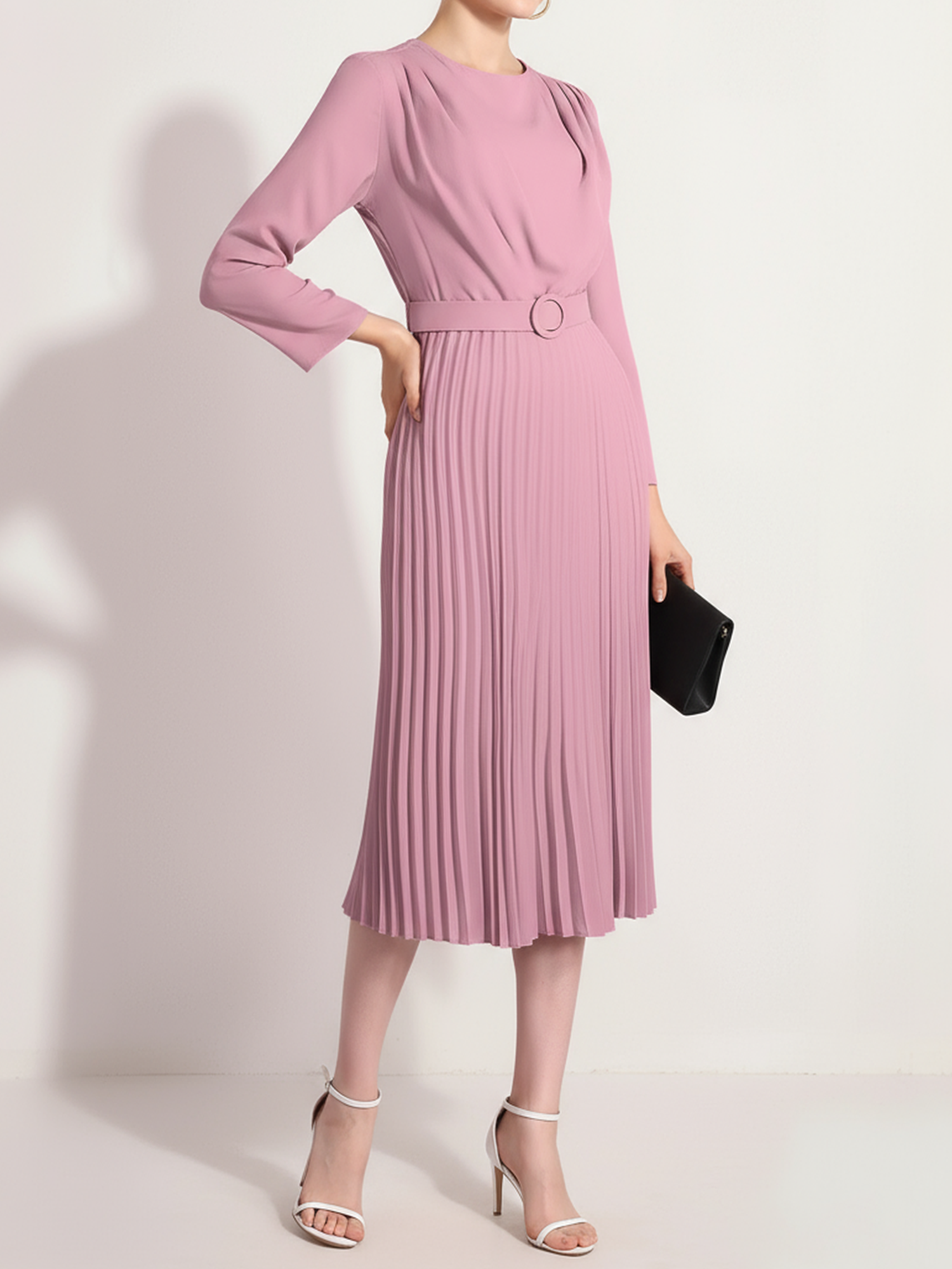 Crew Neck Long Sleeves Belted Pleated Midi Work Dress Pink/M