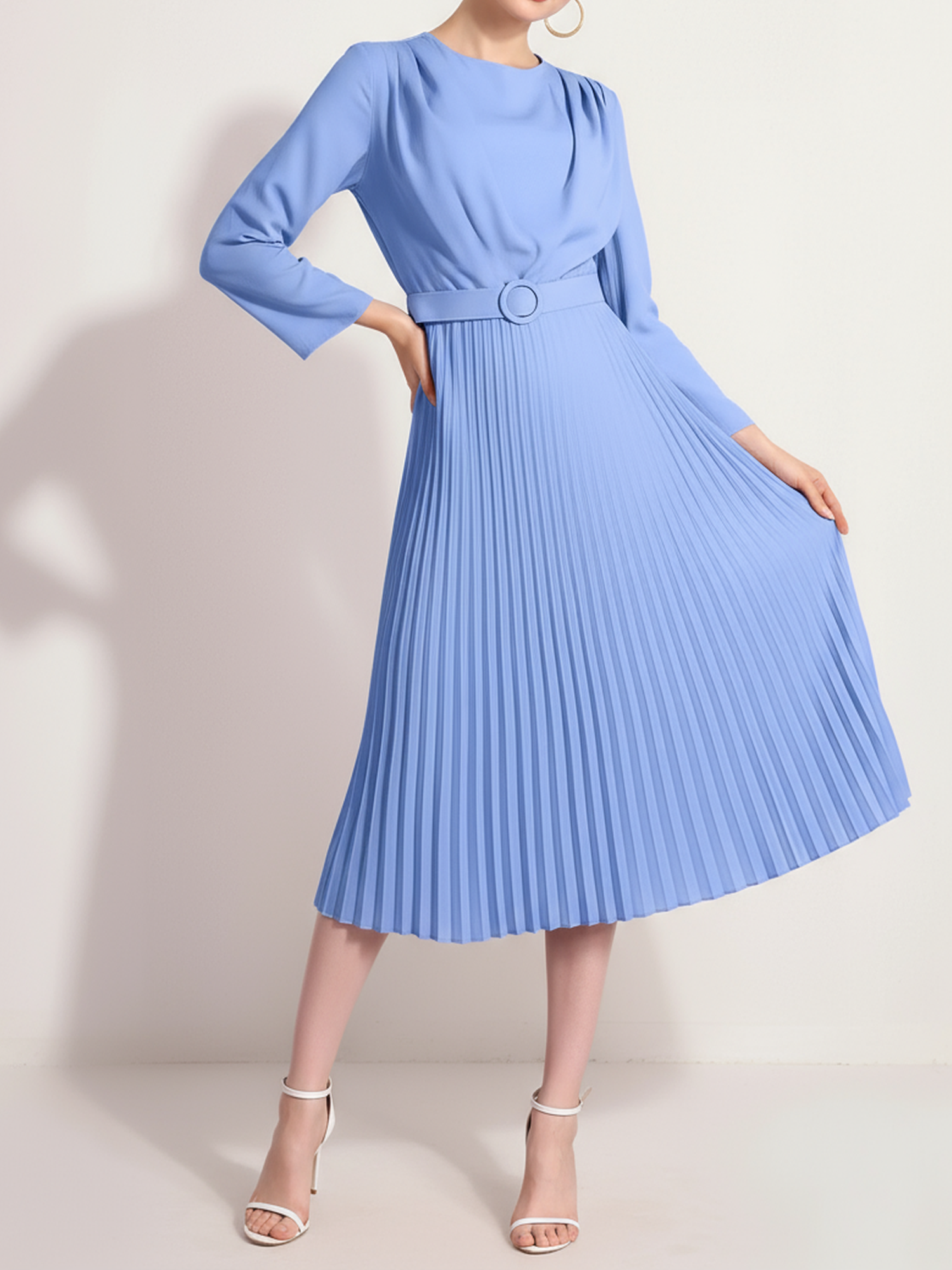 Crew Neck Long Sleeves Belted Pleated Midi Work Dress Blue/L