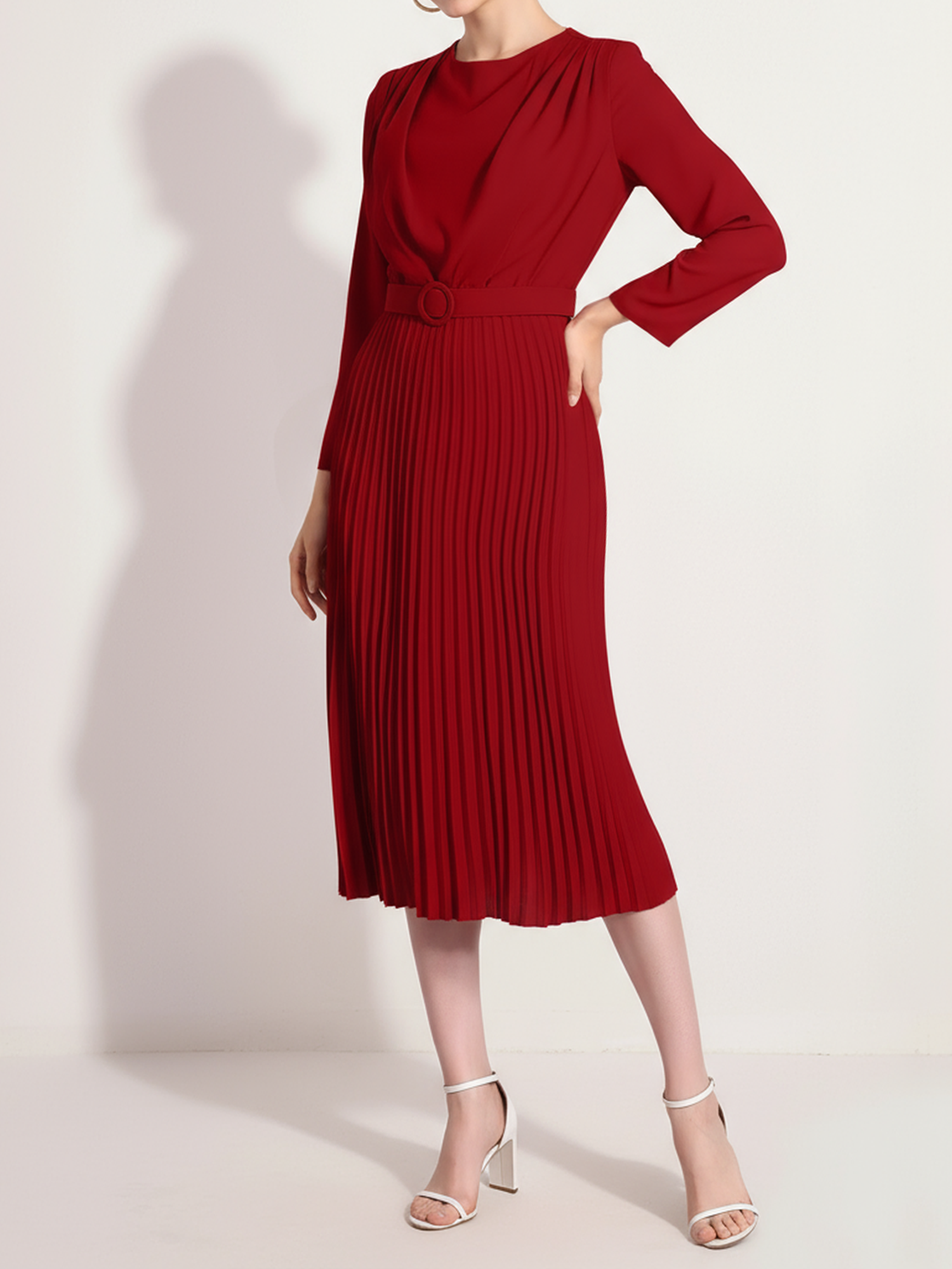 Crew Neck Long Sleeves Belted Pleated Midi Work Dress Burgundy/S