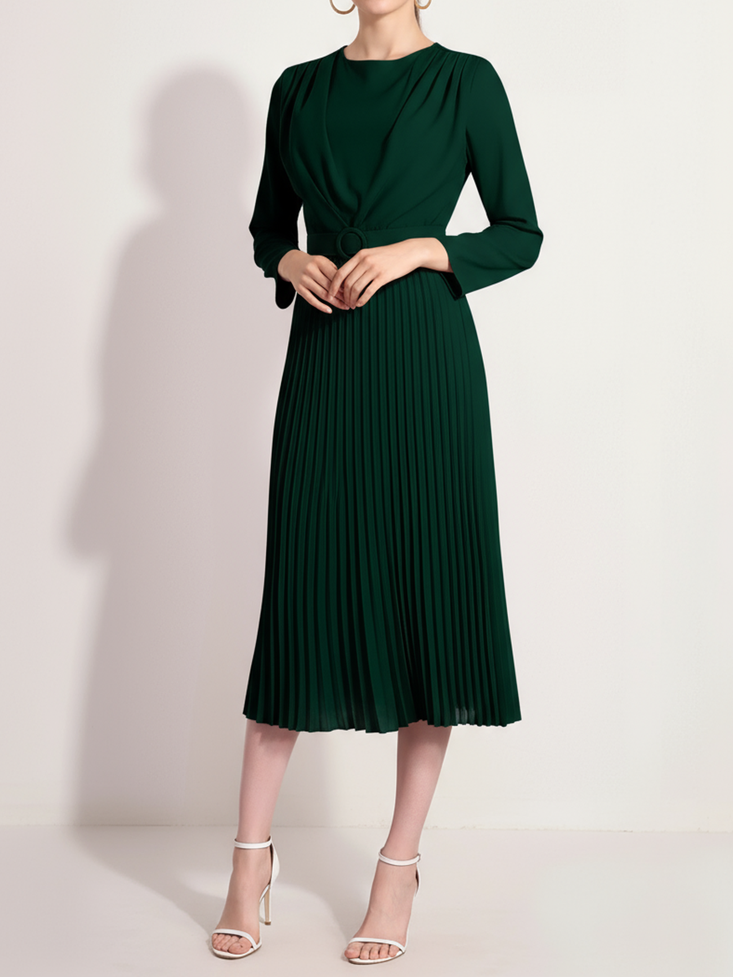 Crew Neck Long Sleeves Belted Pleated Midi Work Dress Dark Green/M