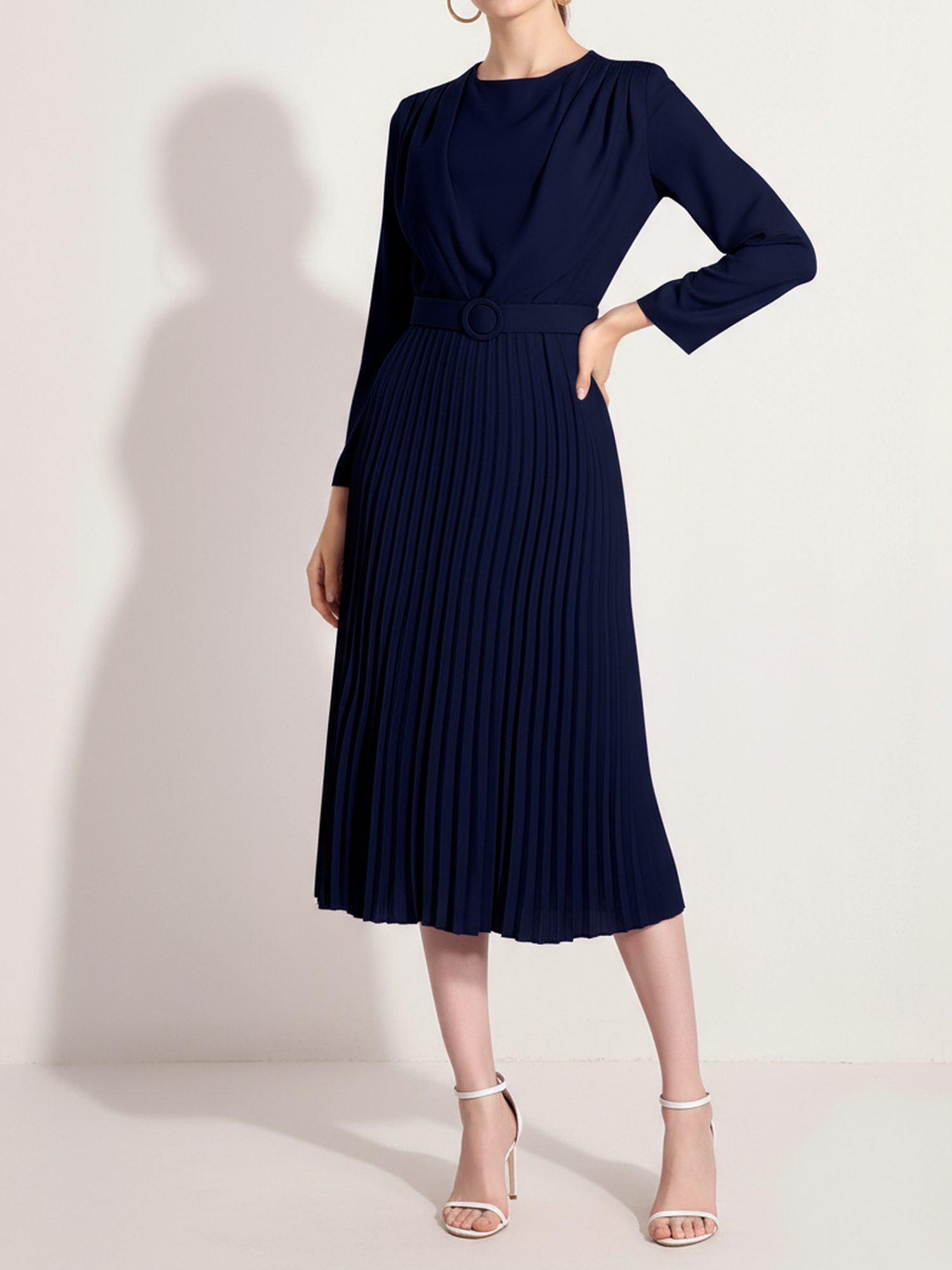 Crew Neck Long Sleeves Belted Pleated Midi Work Dress Dark Blue/M