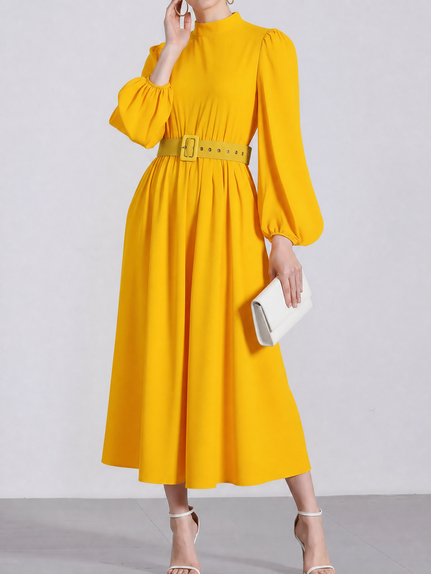 Mock Neck Puff Long Sleeves Belted A-Line Midi Dress Yellow/S