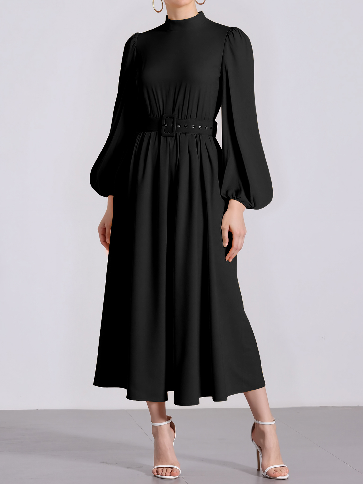 Mock Neck Puff Long Sleeves Belted A-Line Midi Dress Black/S