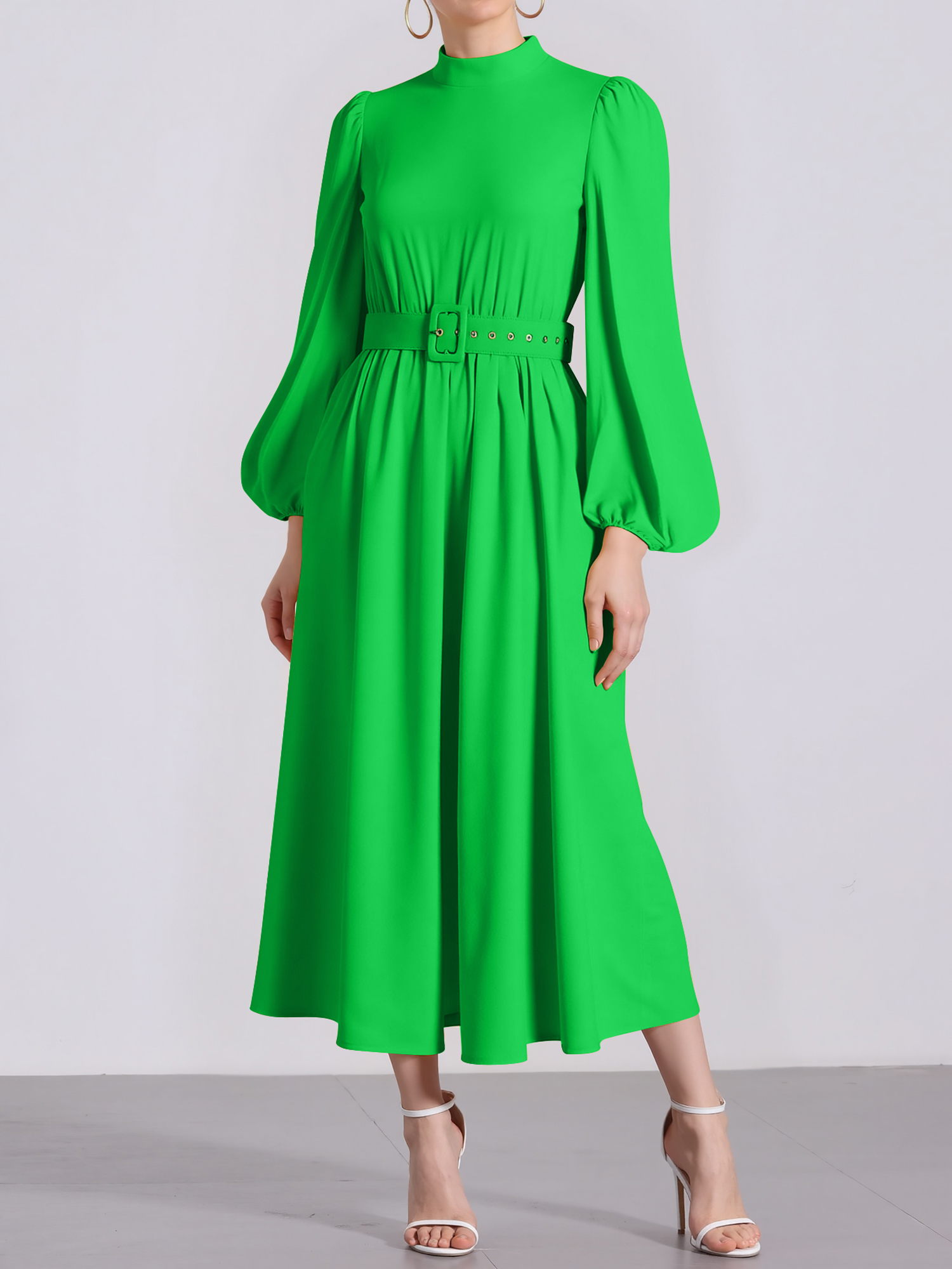 Mock Neck Puff Long Sleeves Belted A-Line Midi Dress Green/XL