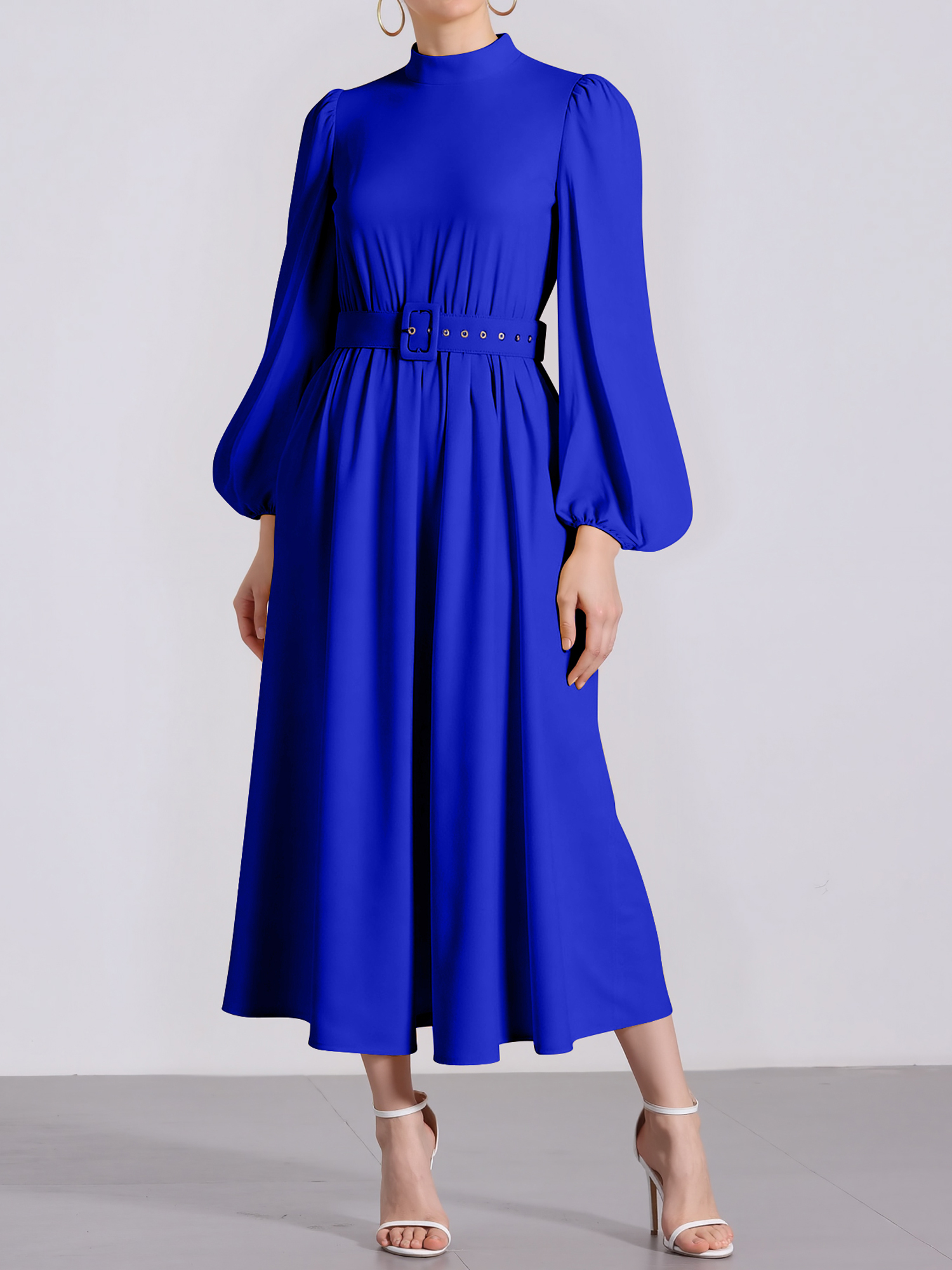 Mock Neck Puff Long Sleeves Belted A-Line Midi Dress Blue/2XL
