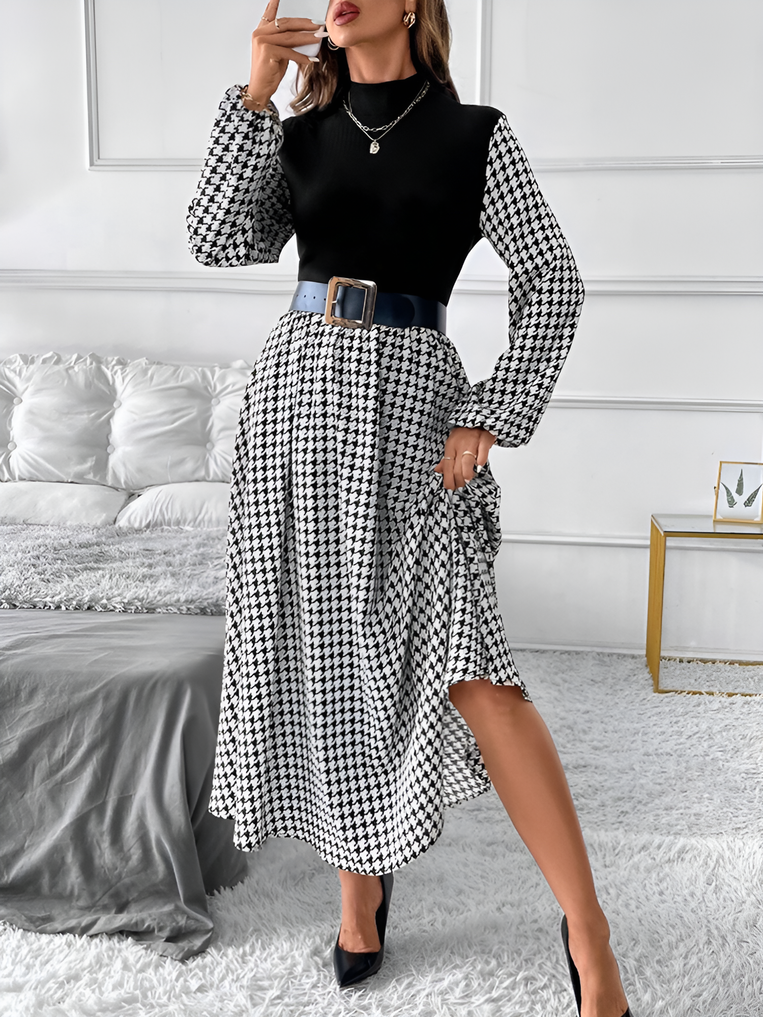Houndstooth Patchwork Mock Neck A-Line Midi Dress Black/L
