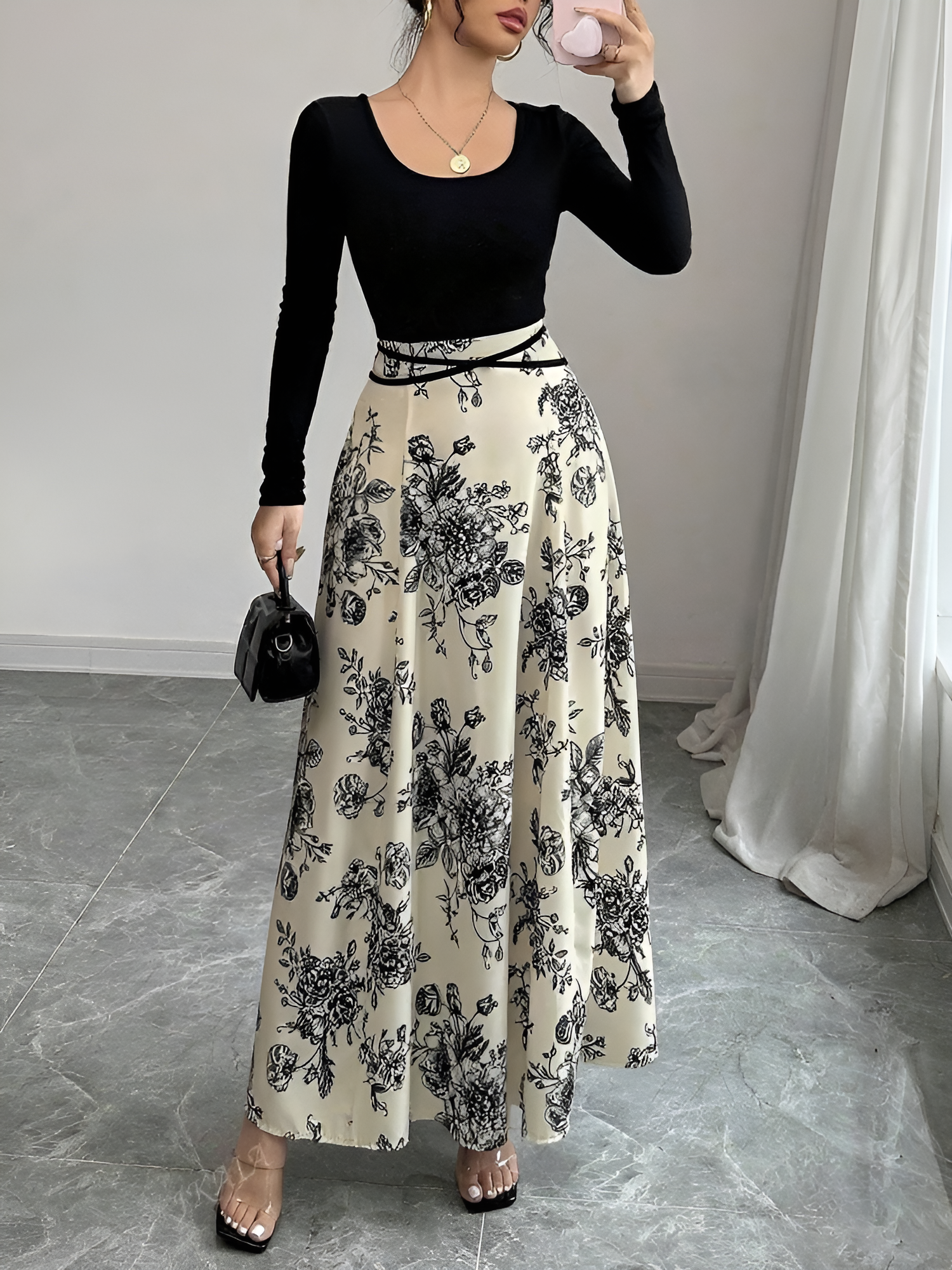 U Neck Long Sleeves Floral Patchwork Maxi Dress Black/M