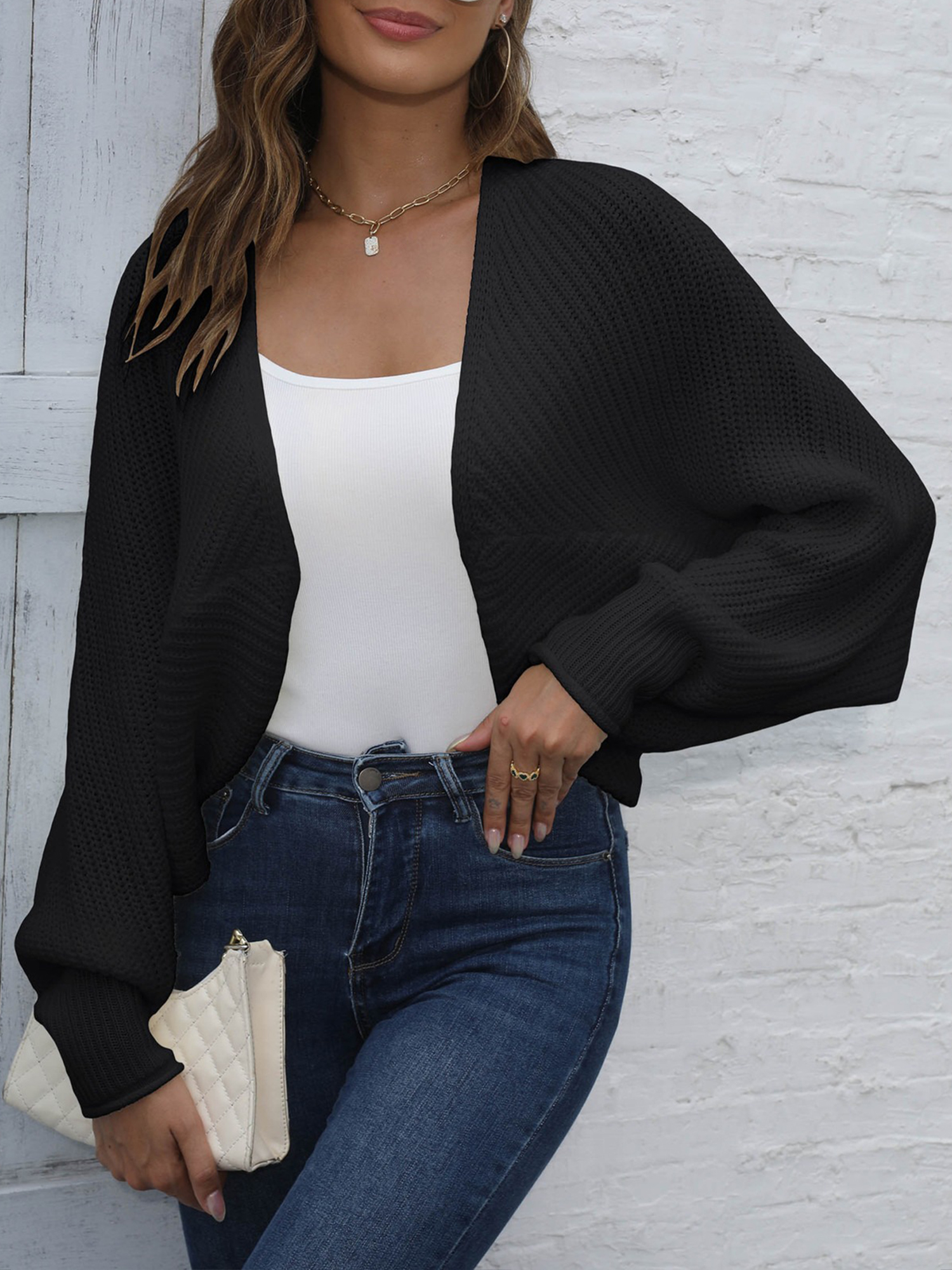 Batwing Sleeves Open Front Shawl-Style Cropped Cardigan Black/XS