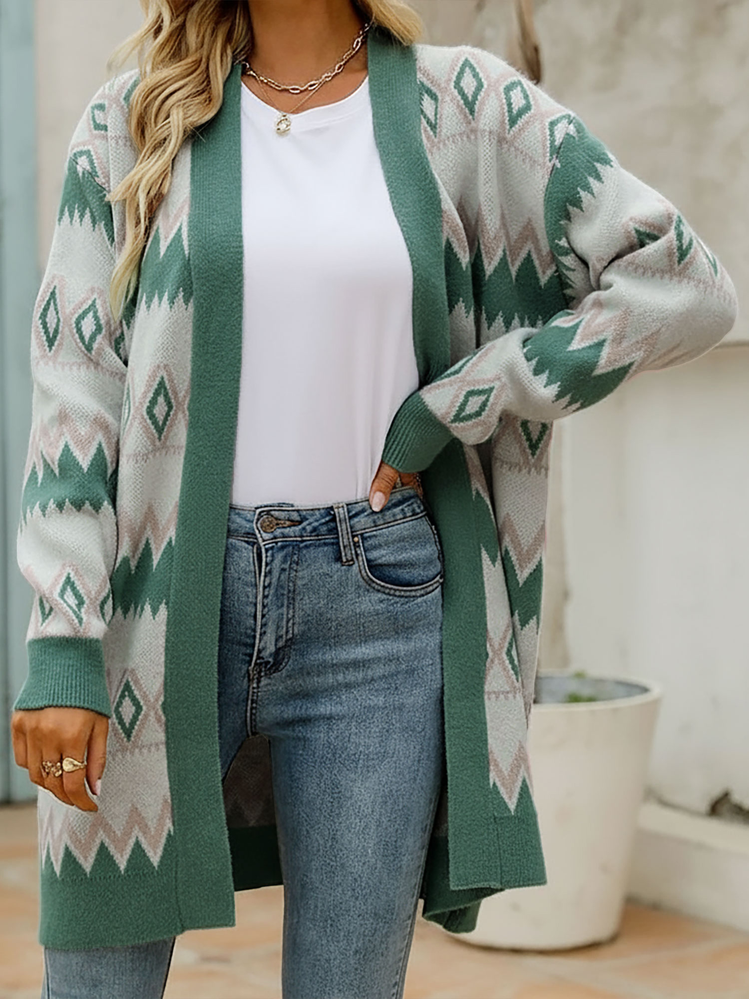 Boho Graphic Knitted Long Sleeves Cardigans Green/L