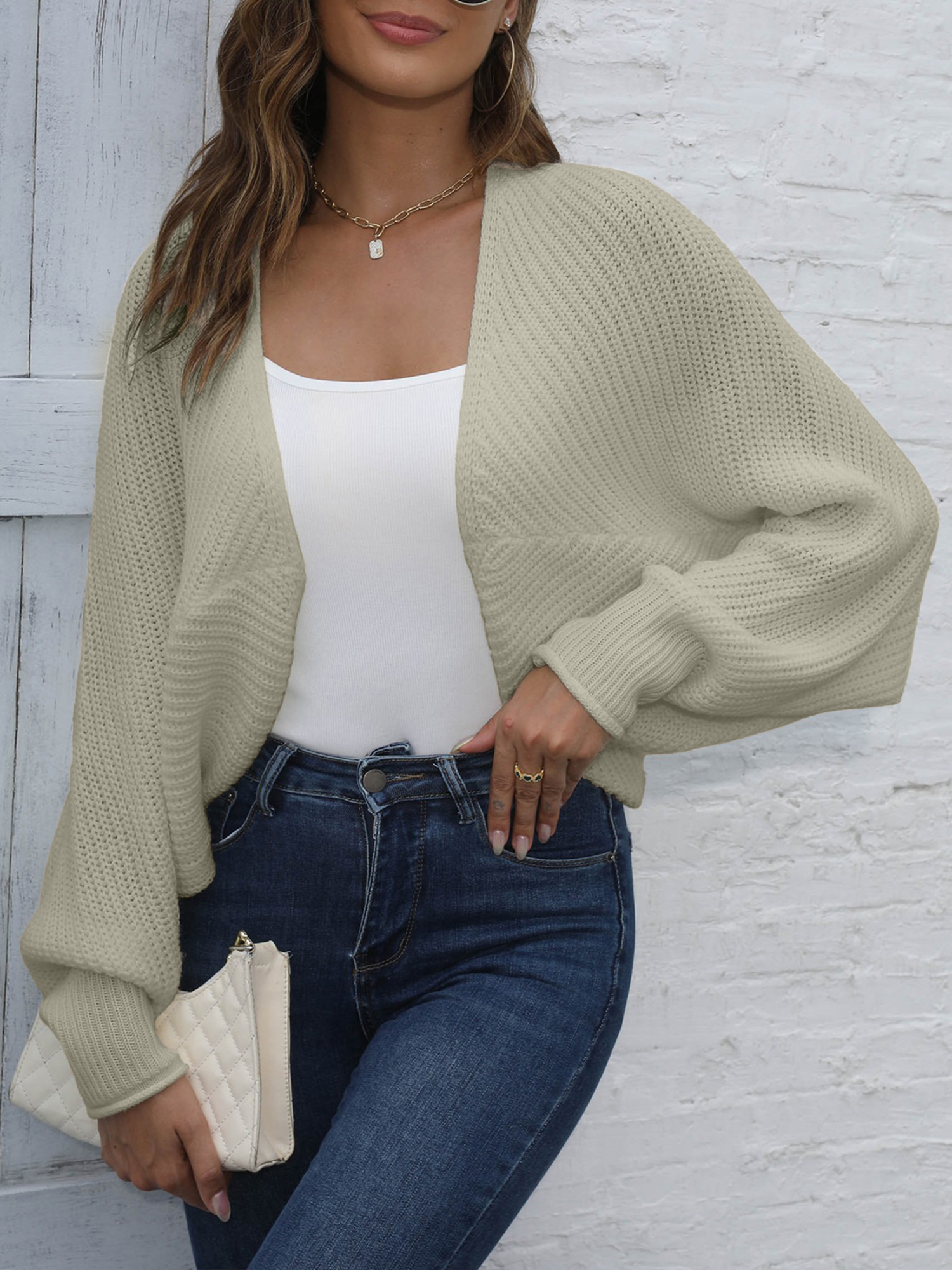Batwing Sleeves Open Front Shawl-Style Cropped Cardigan Apricot/M