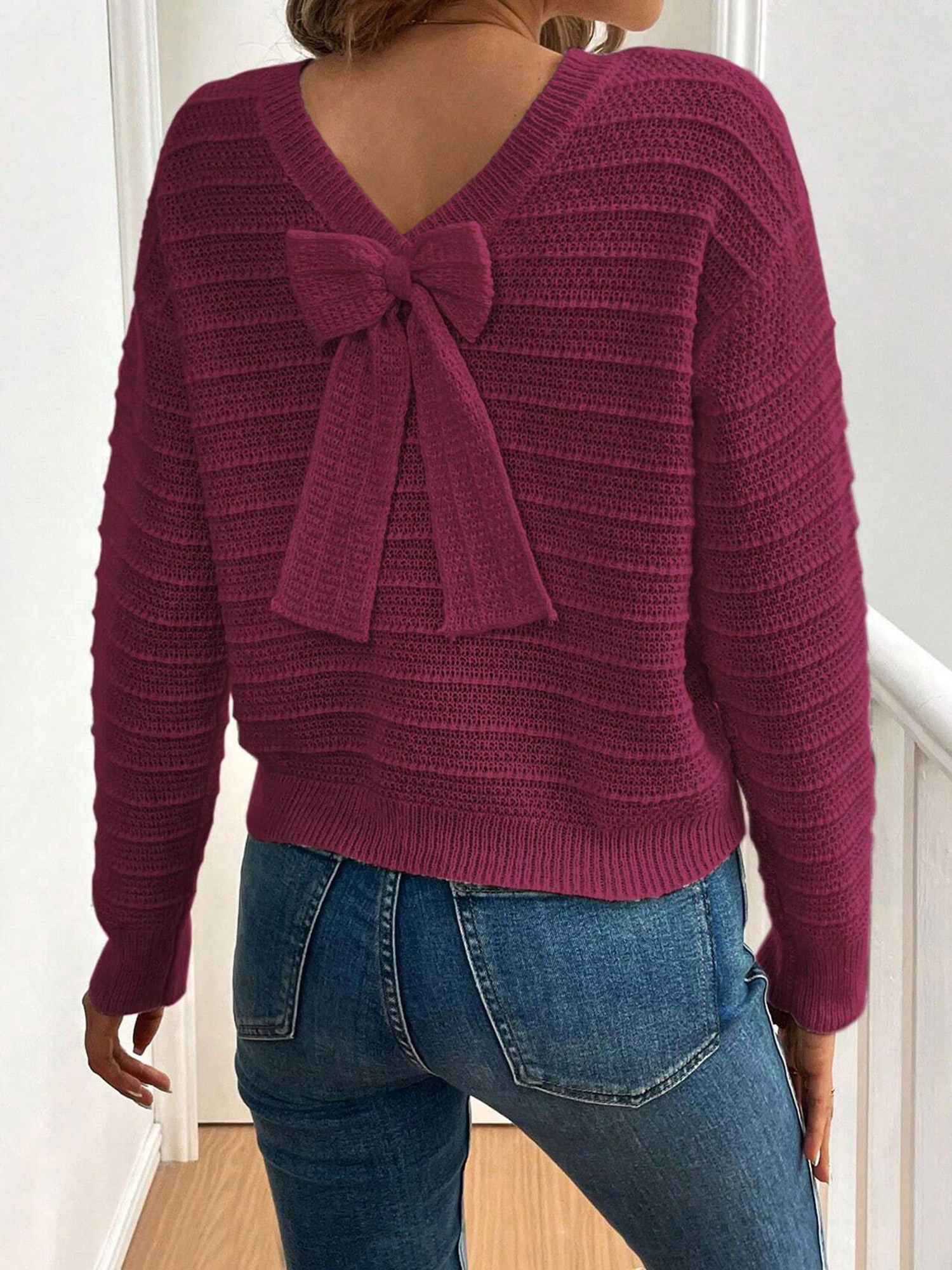 Crew Neck Long Sleeves Back Bow Casual Sweater Red/M
