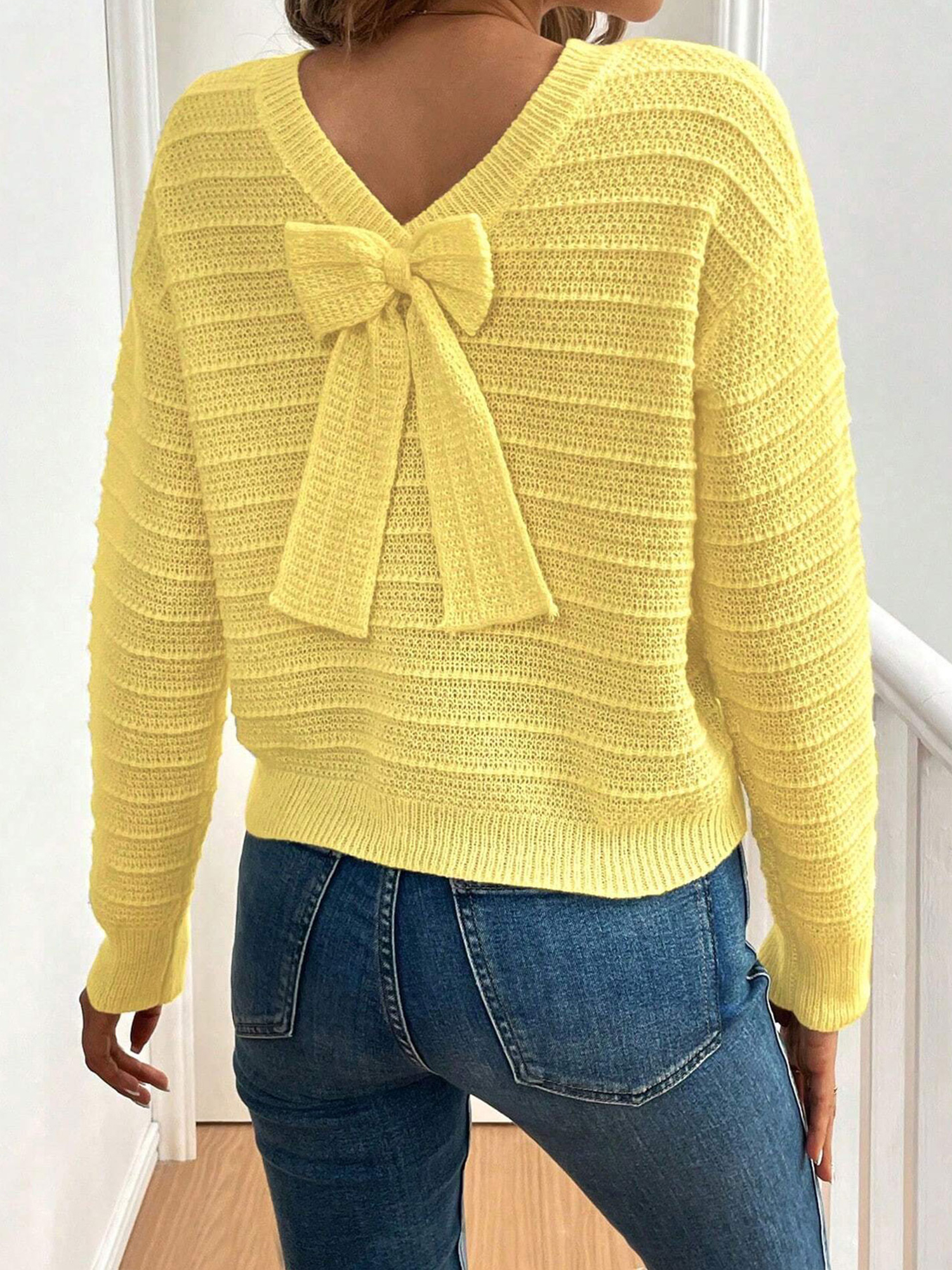 Crew Neck Long Sleeves Back Bow Casual Sweater Yellow/S