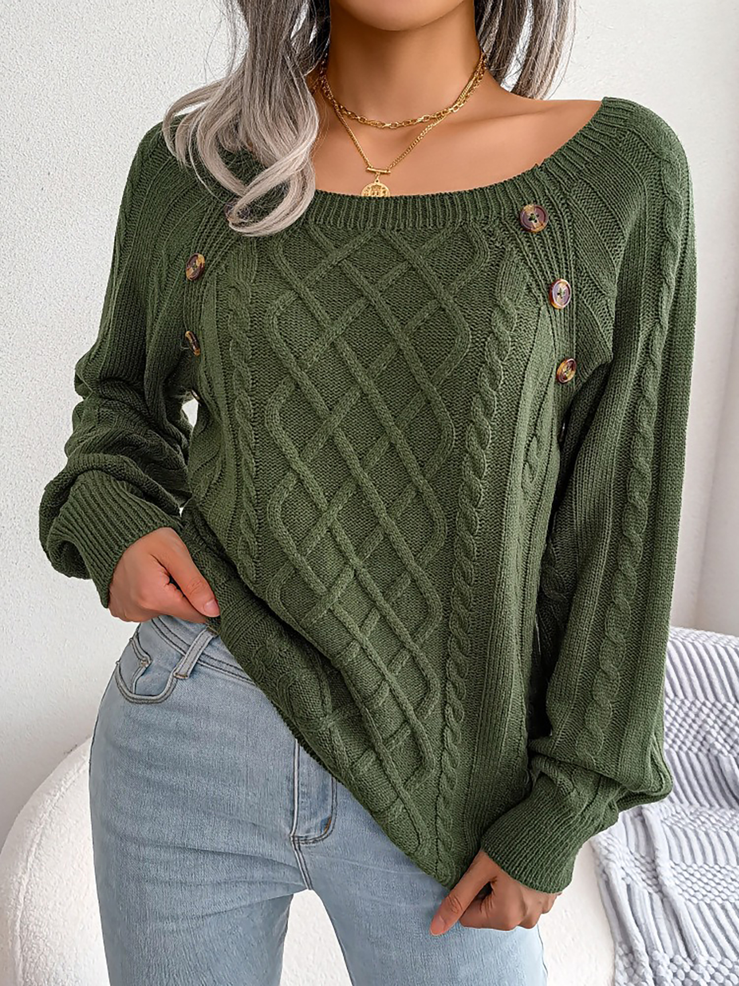 Round Neck Button Decor Cable Knit Pullover Sweater Army Green/S