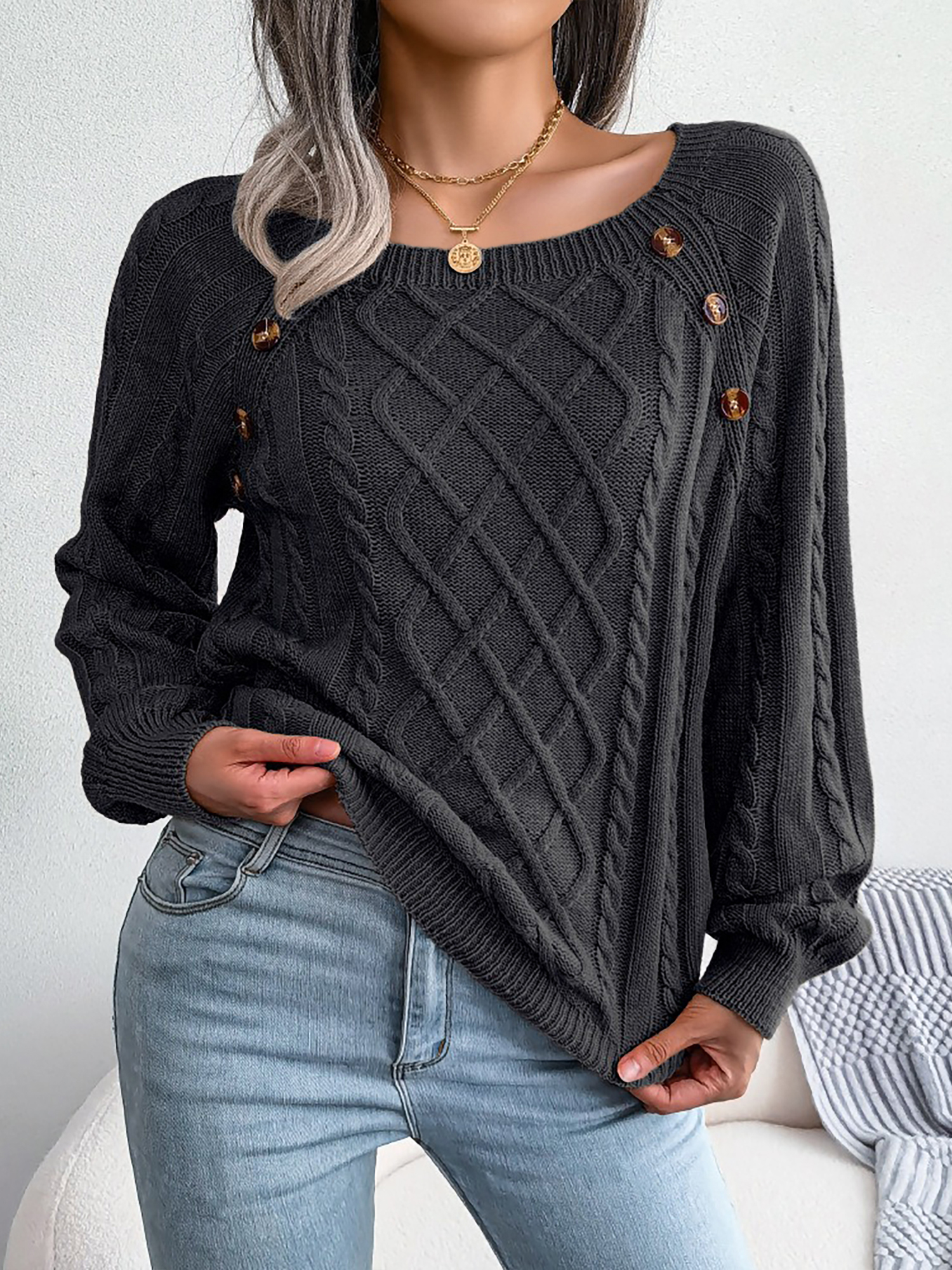 Round Neck Button Decor Cable Knit Pullover Sweater Black/M