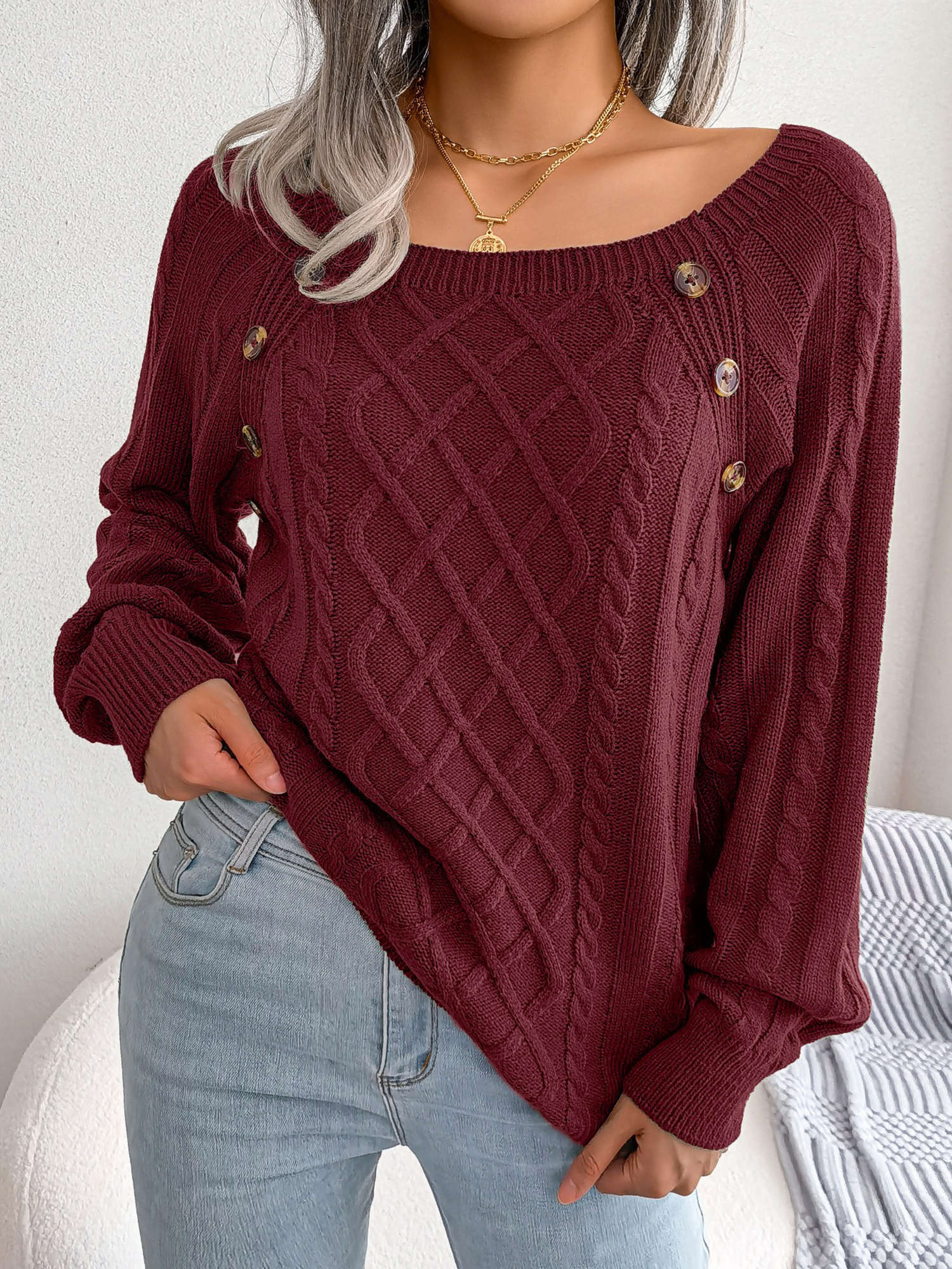 Round Neck Button Decor Cable Knit Pullover Sweater Burgundy/L