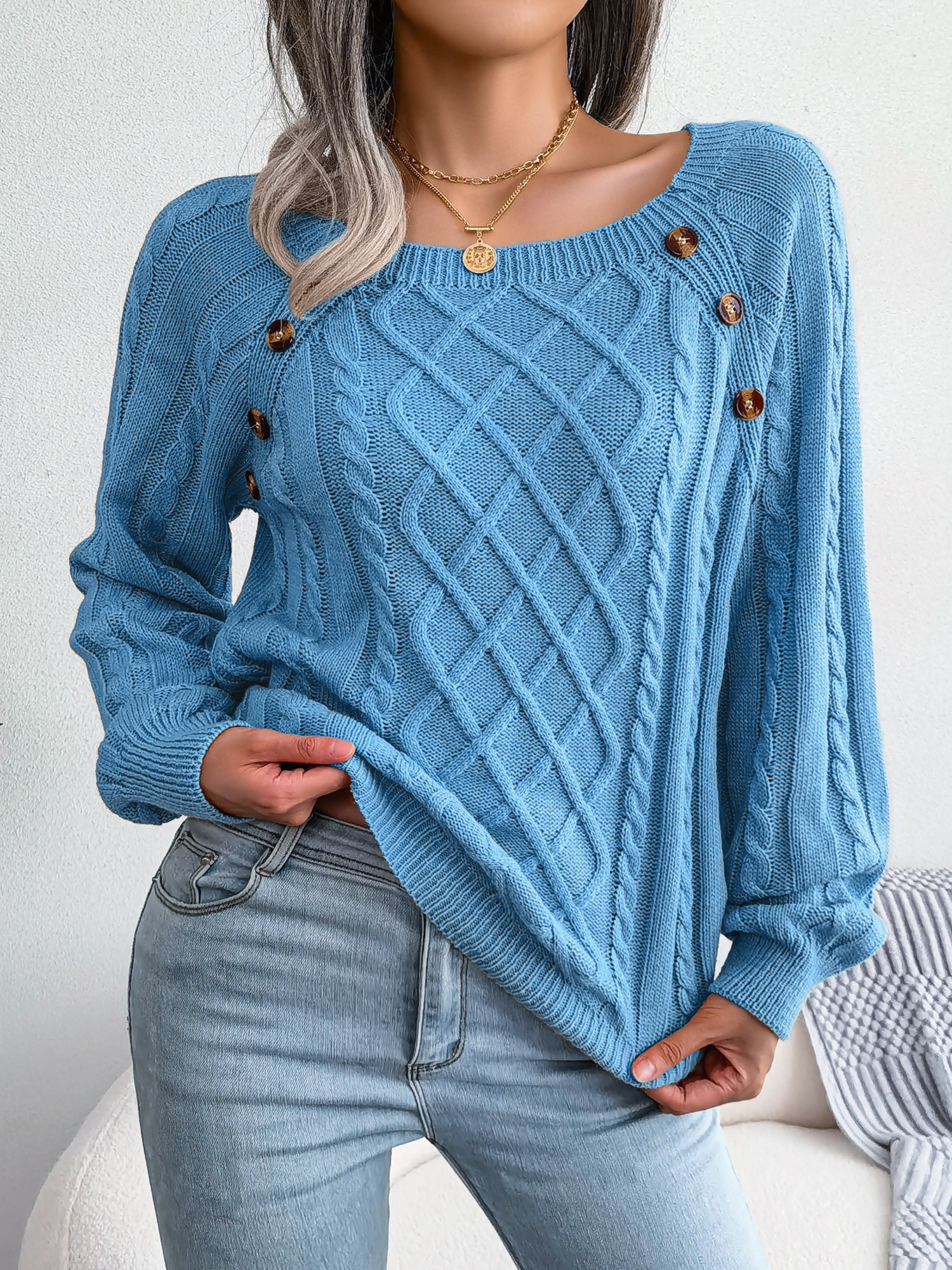 Round Neck Button Decor Cable Knit Pullover Sweater Blue/M