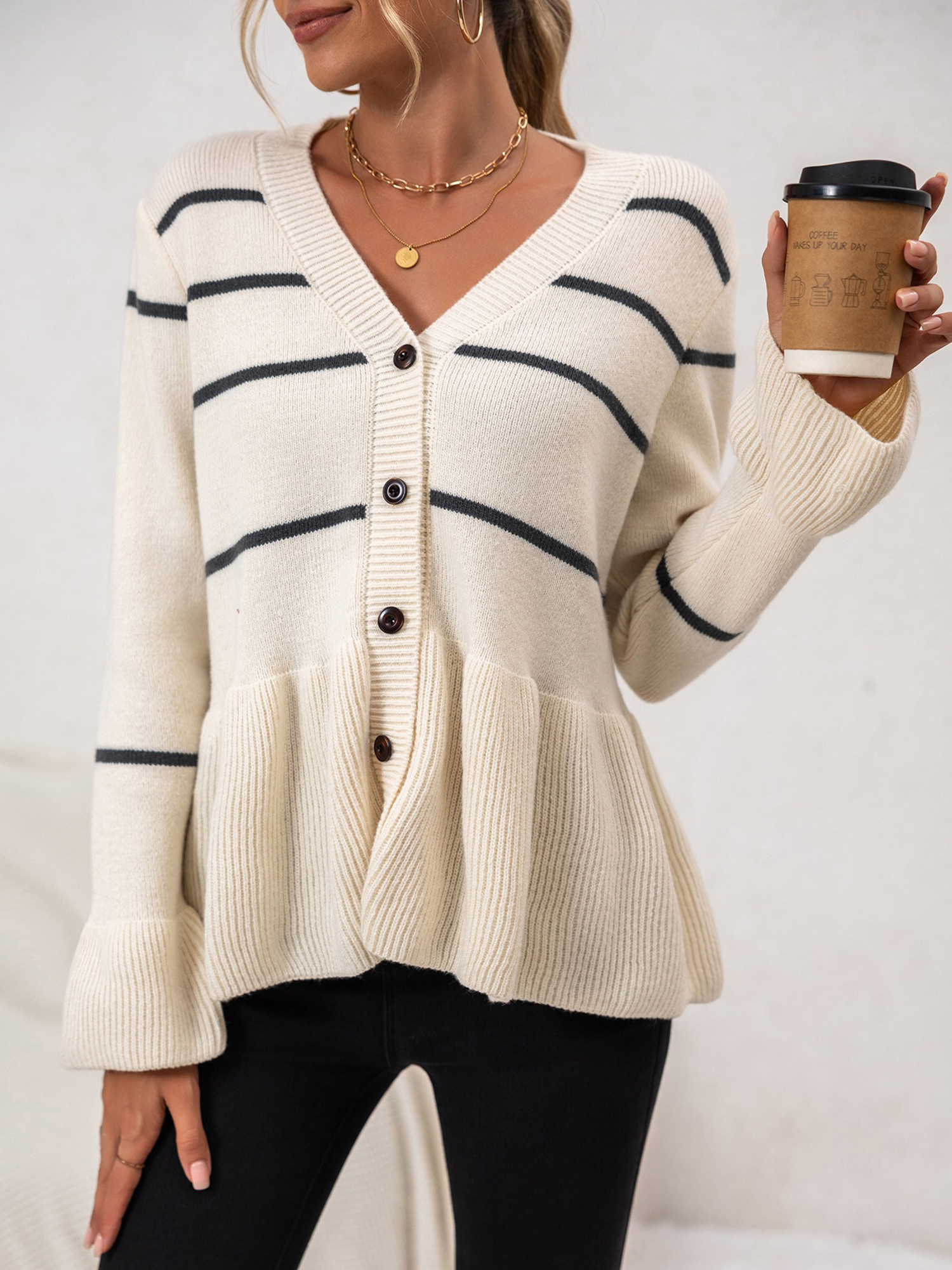 Striped Long Sleeve Ruffled Hem Knitted Cardigan Apricot/S