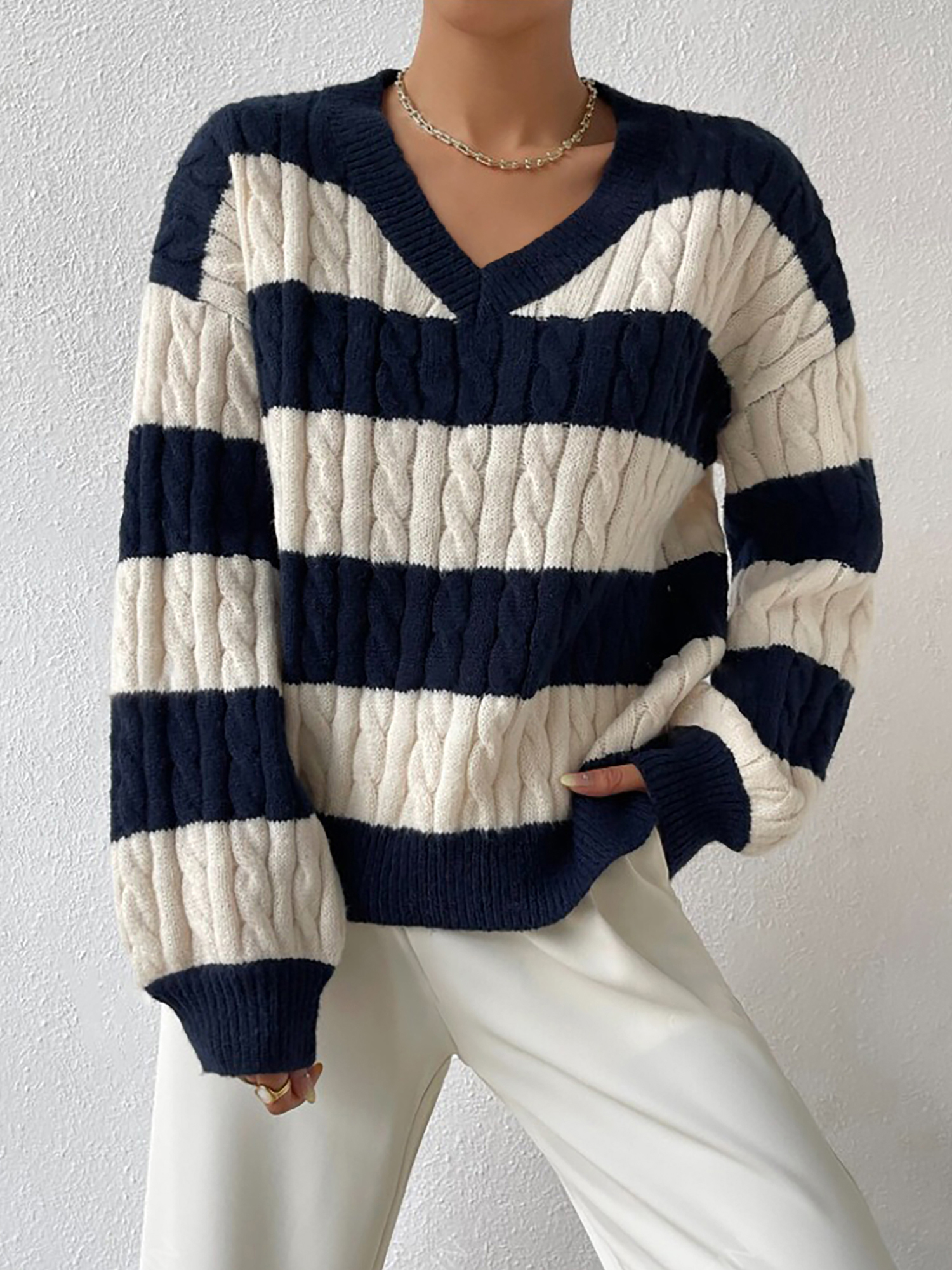 V Neck Striped Colorblock Cable Knit Sweater Navy Blue/L