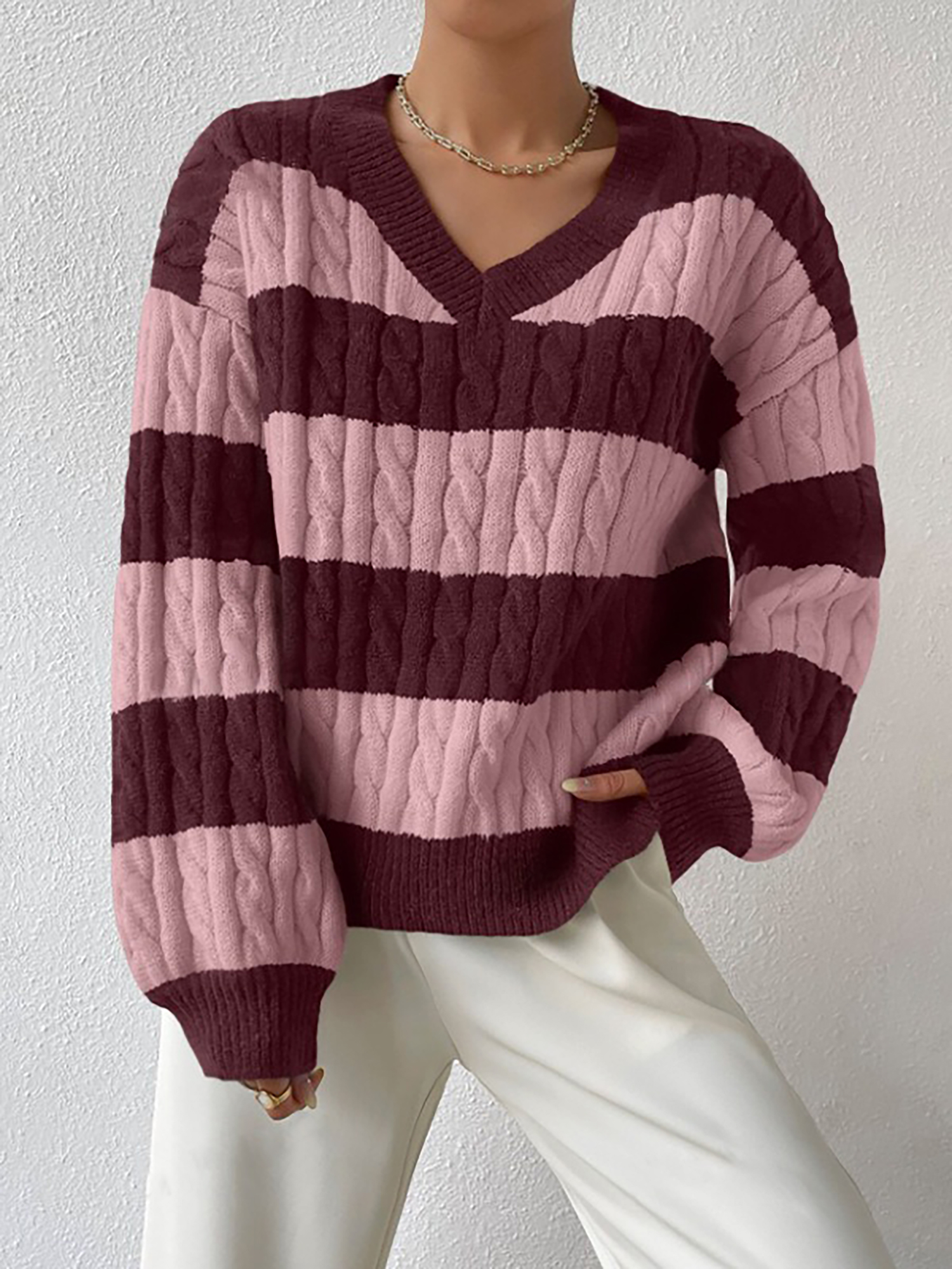 V Neck Striped Colorblock Cable Knit Sweater Purple/L