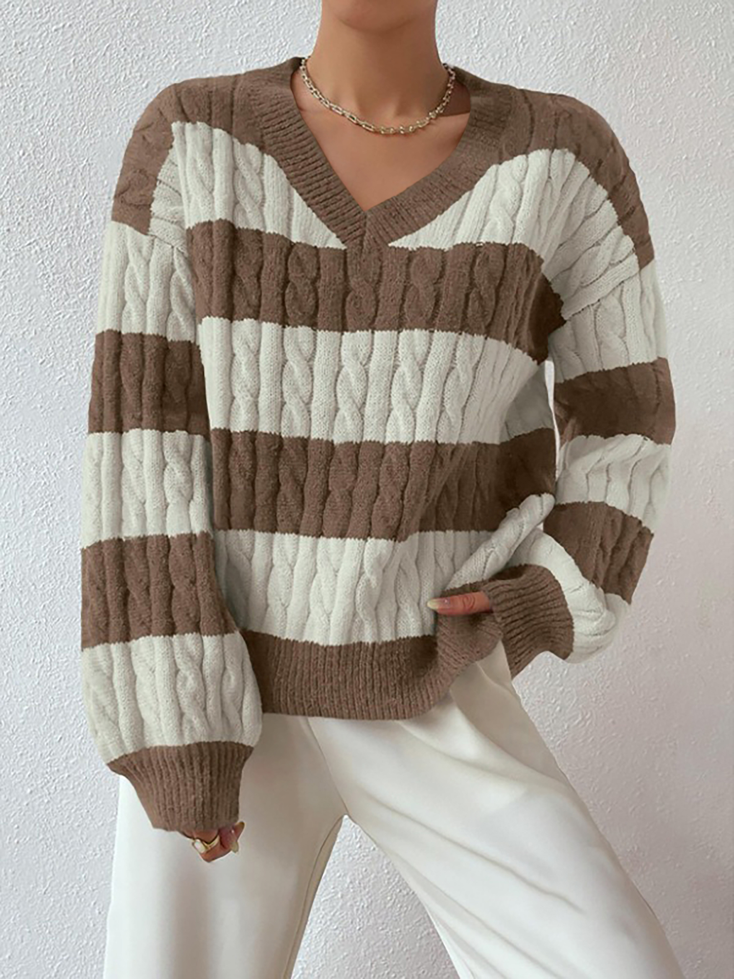 V Neck Striped Colorblock Cable Knit Sweater Khaki/XL