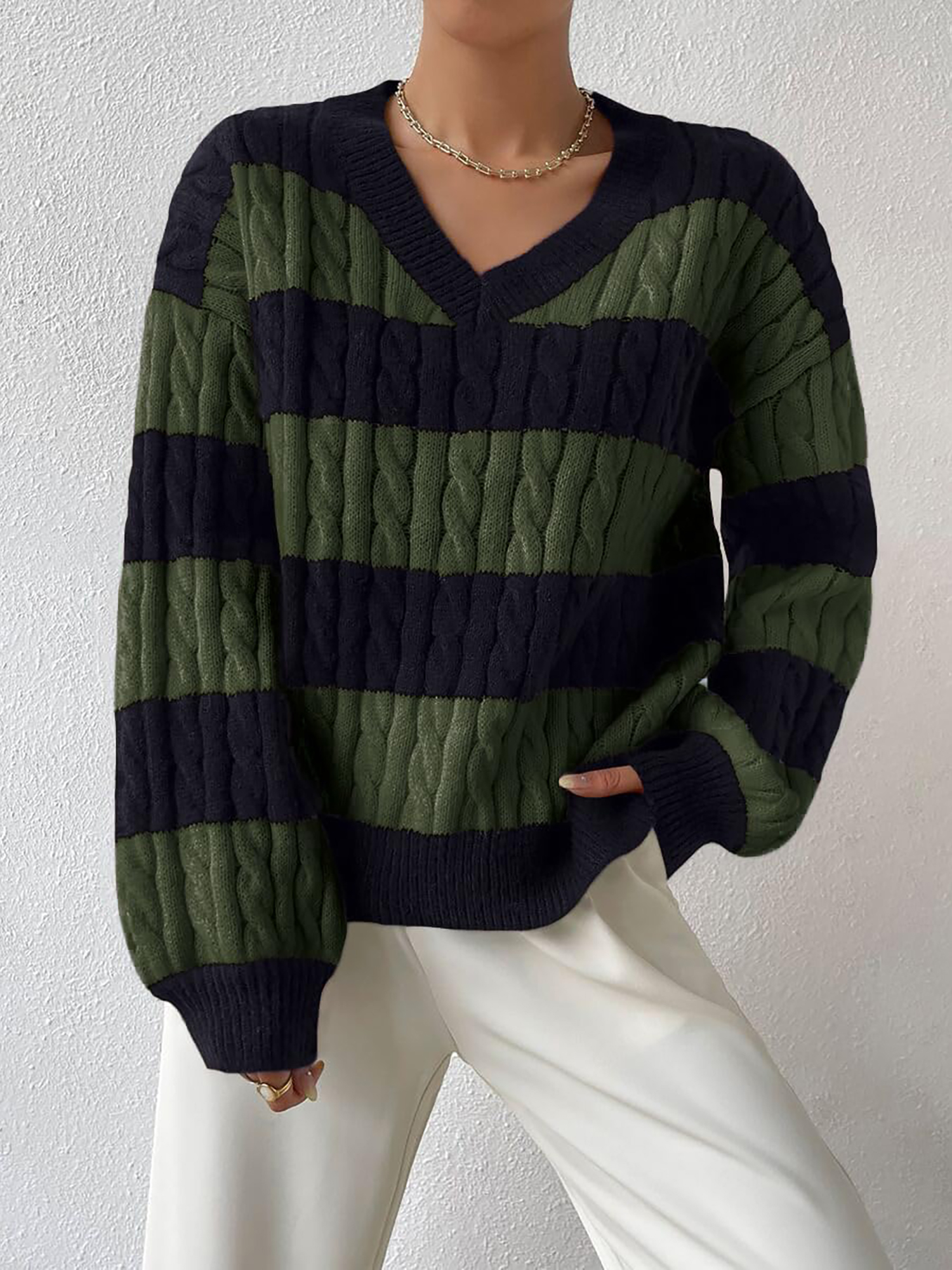 V Neck Striped Colorblock Cable Knit Sweater Army Green/L