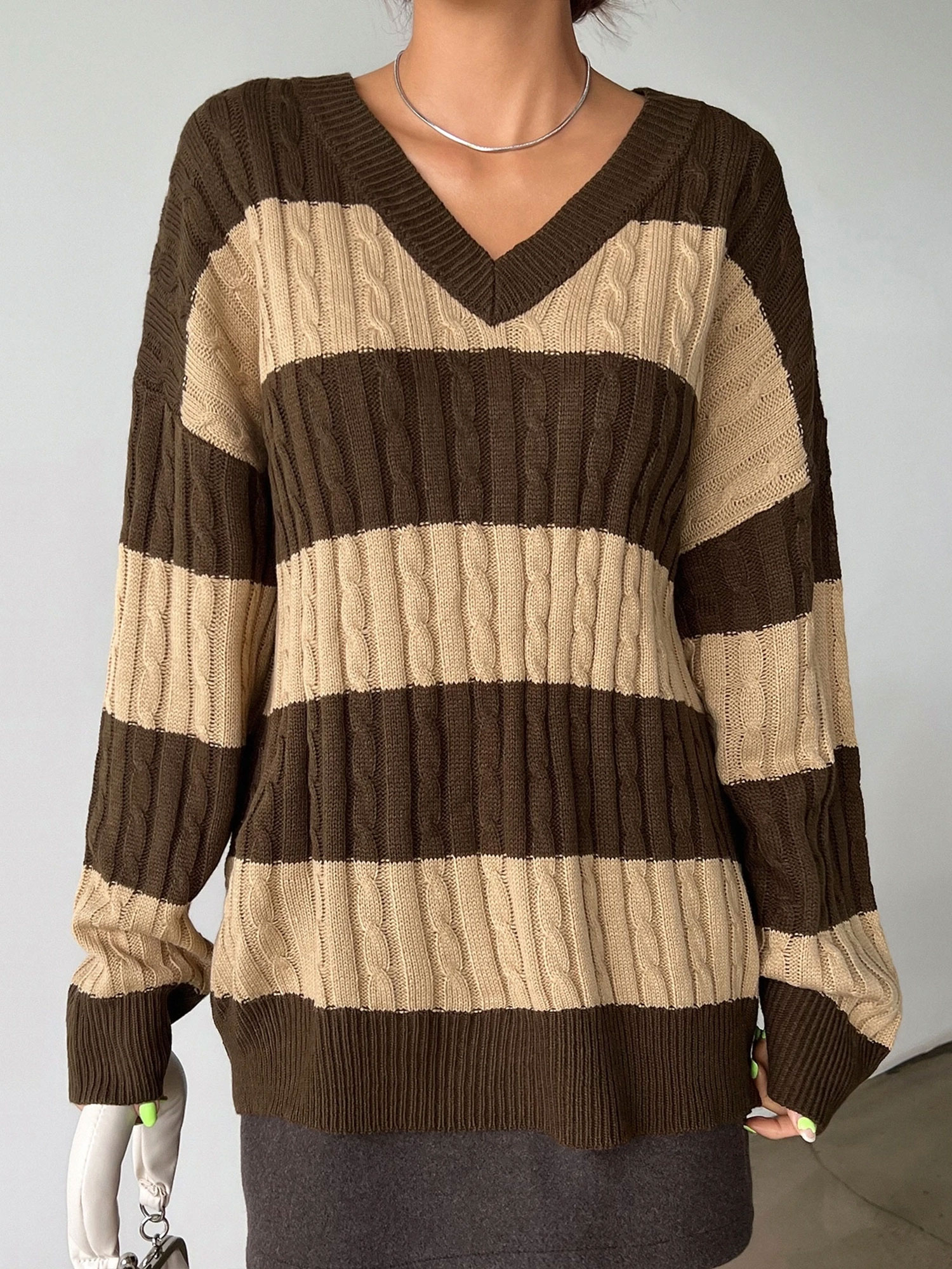 V Neck Striped Colorblock Cable Knit Sweater Coffee/L