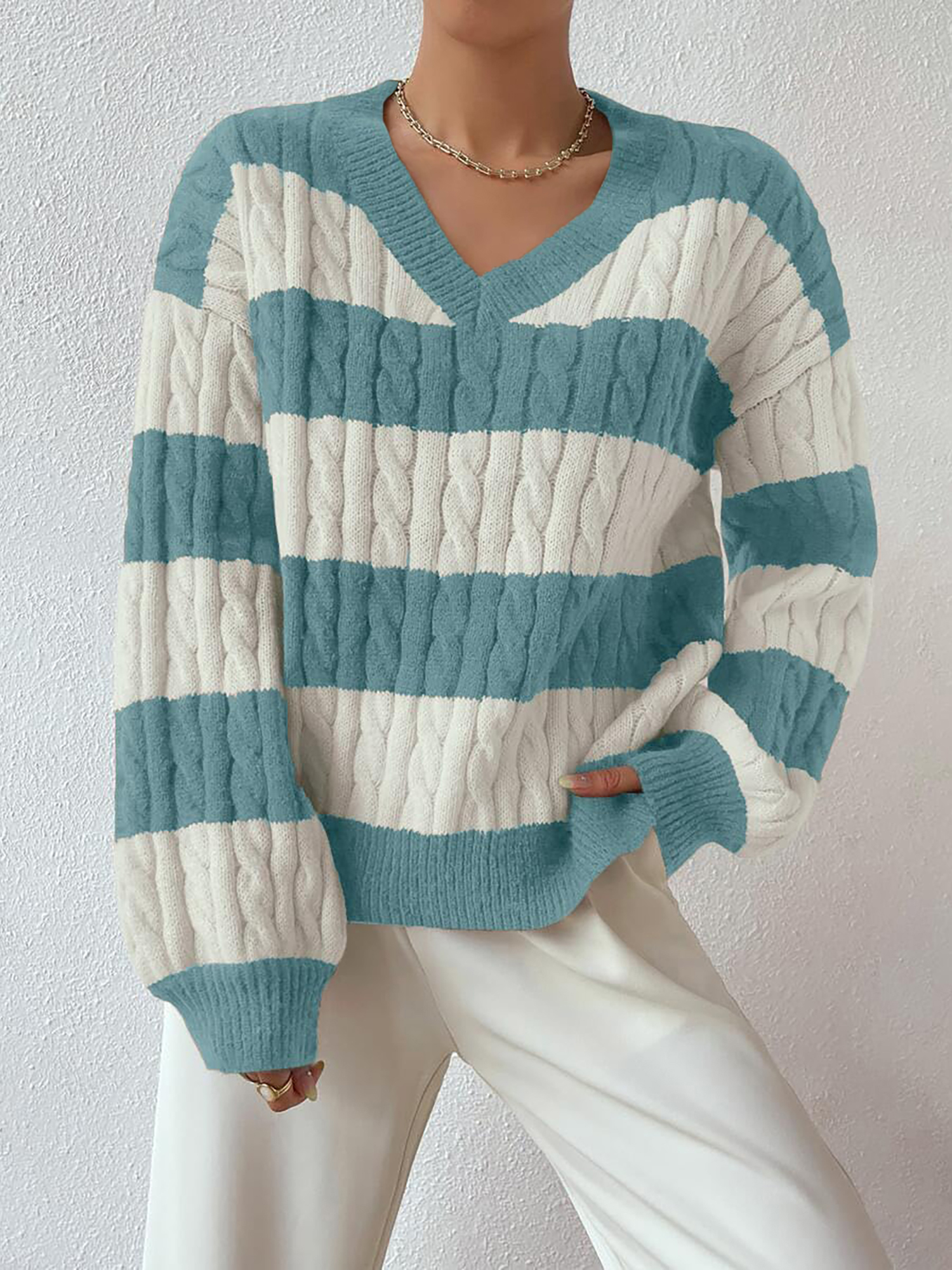 V Neck Striped Colorblock Cable Knit Sweater Blue/L