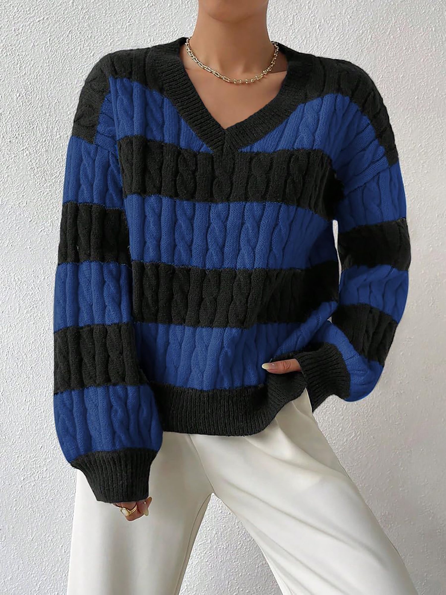 V Neck Striped Colorblock Cable Knit Sweater Royal Blue/XL