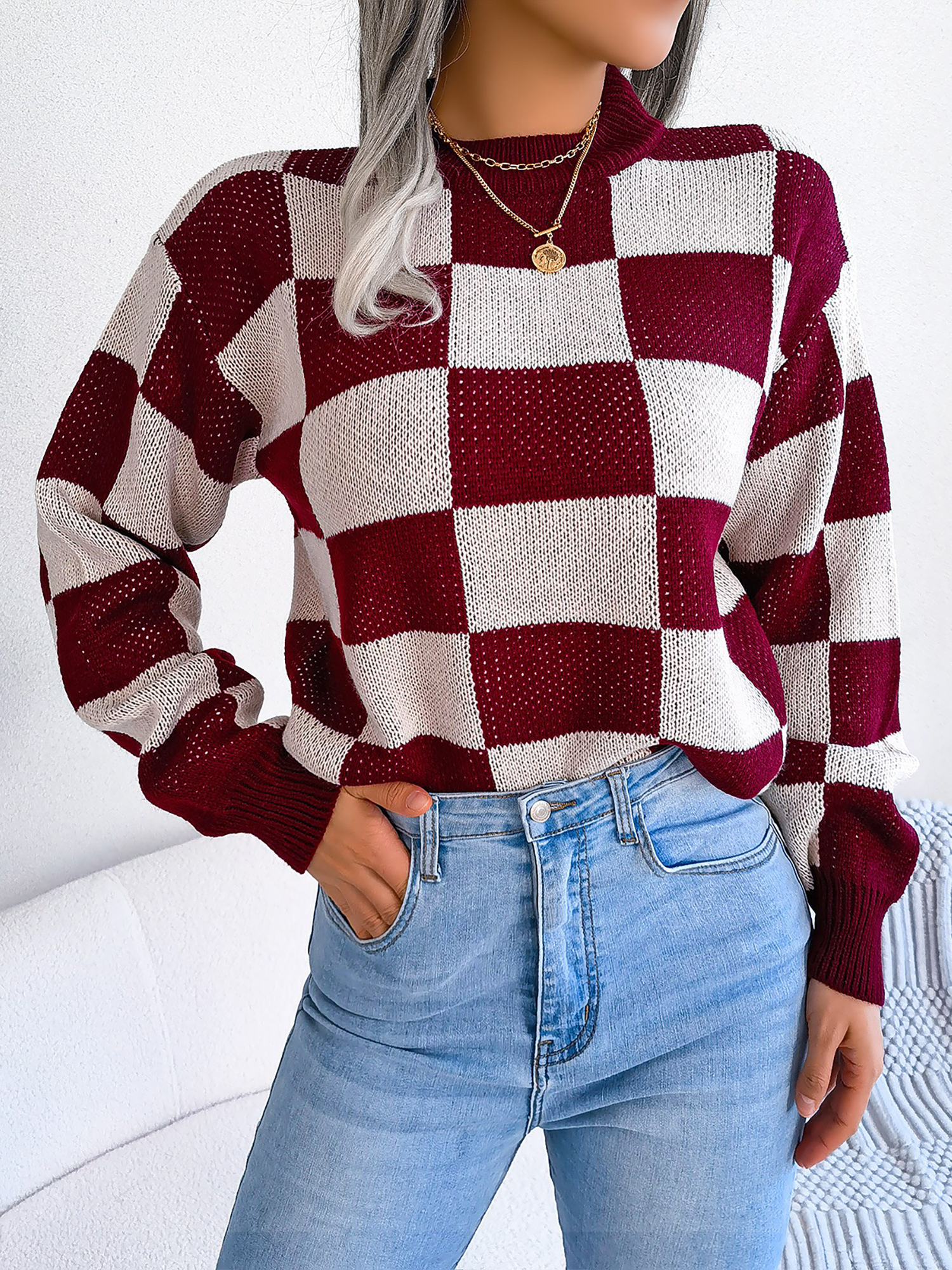 Colorblocked Checkered Long Sleeve Pullover Knit Sweater Burgundy/S