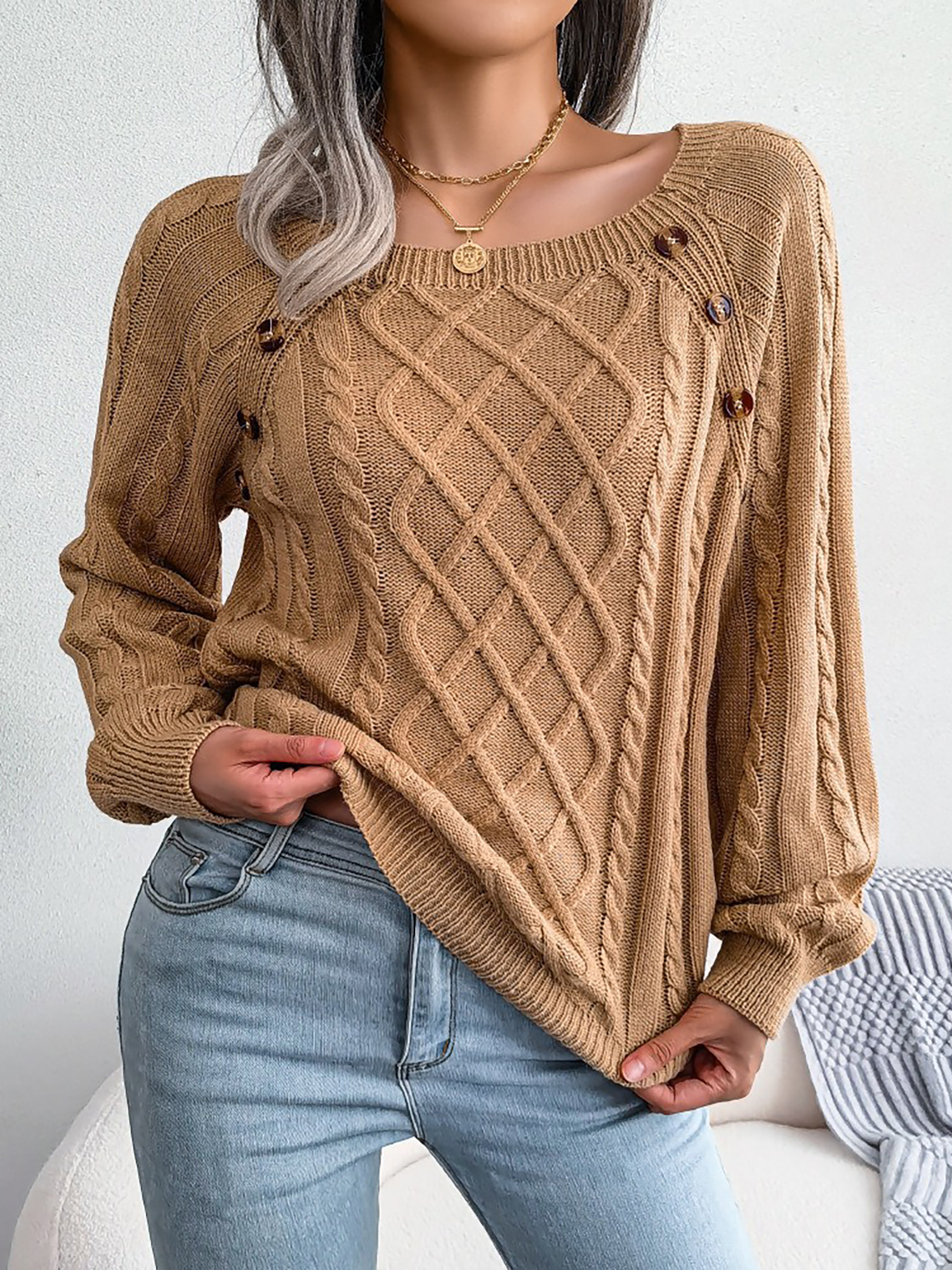 Round Neck Button Decor Cable Knit Pullover Sweater Khaki/S