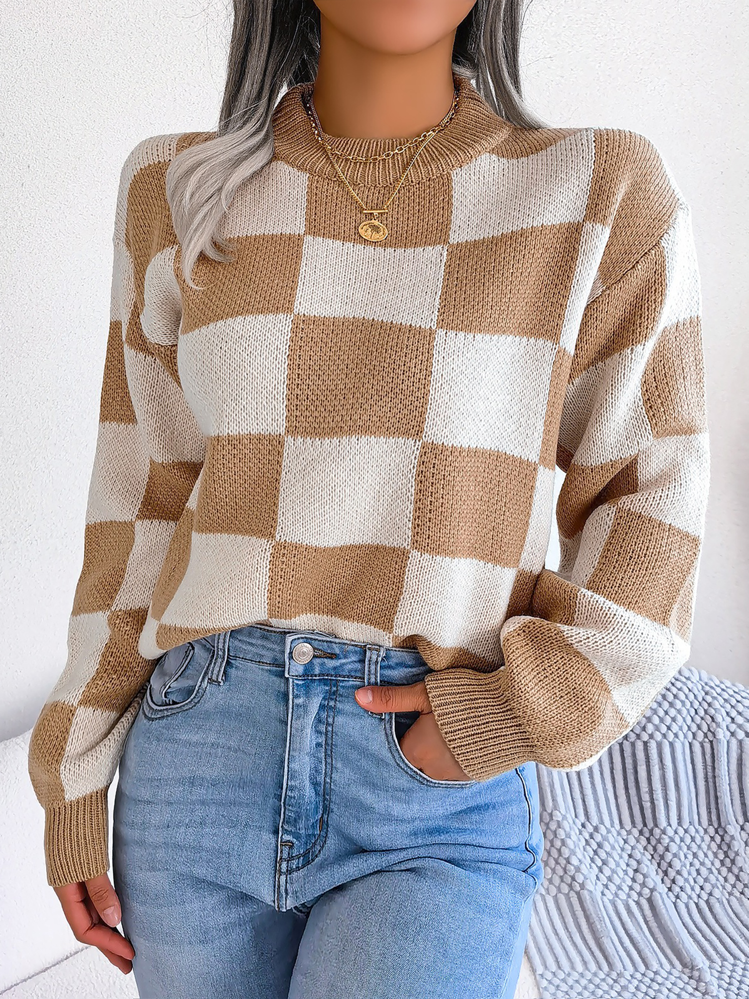 Colorblocked Checkered Long Sleeve Pullover Knit Sweater Khaki/S