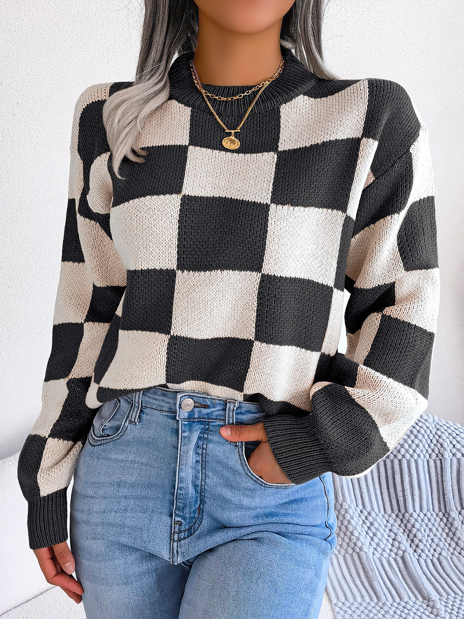 Colorblocked Checkered Long Sleeve Pullover Knit Sweater Black/S