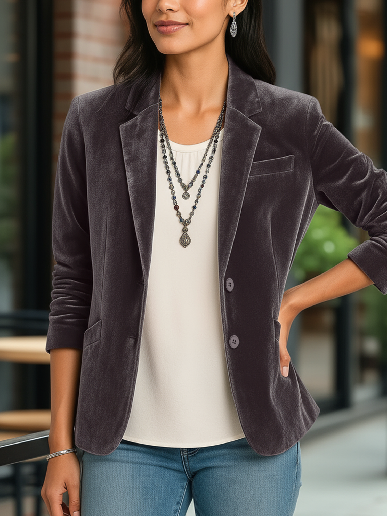 Velvet Solid Color Button Down Long Sleeves Blazer Khaki/L