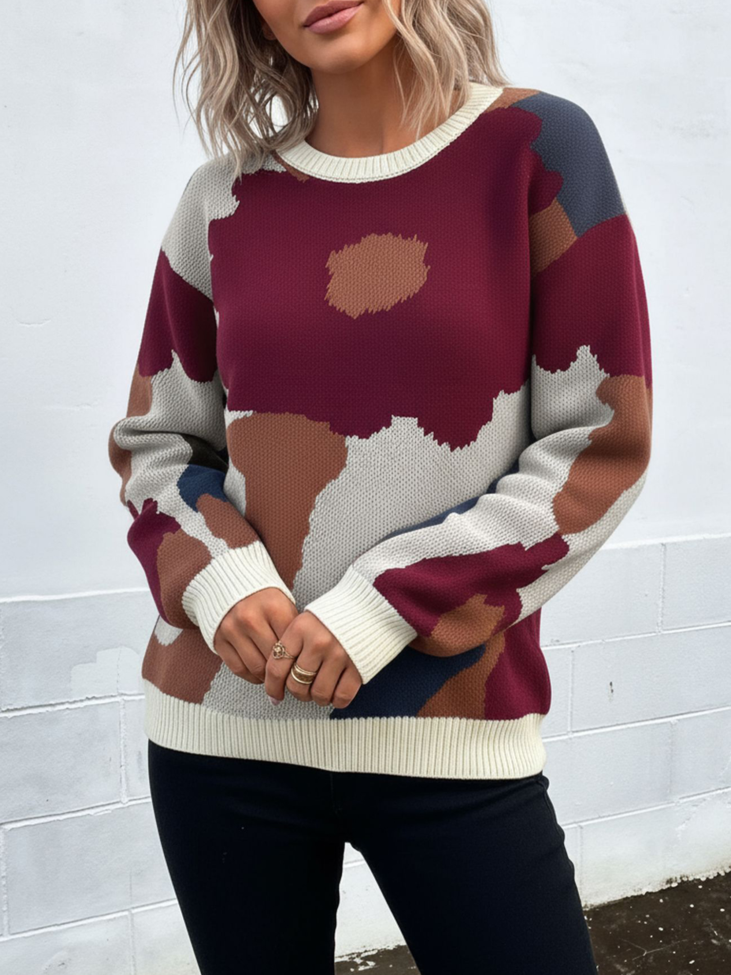 Crew Neck Long Sleeve Knit Pullover Sweater Burgundy/M