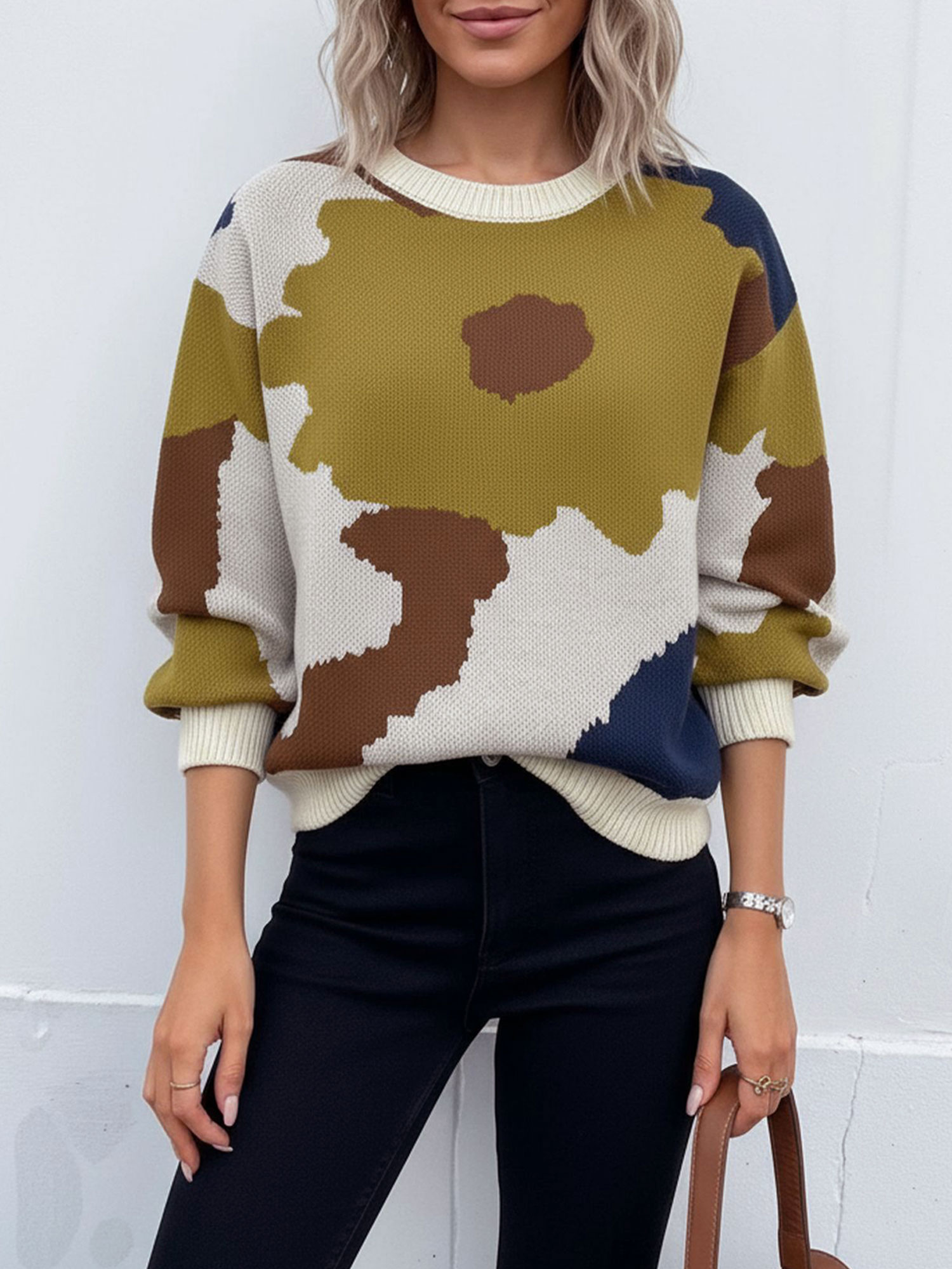 Crew Neck Long Sleeve Knit Pullover Sweater Khaki/L