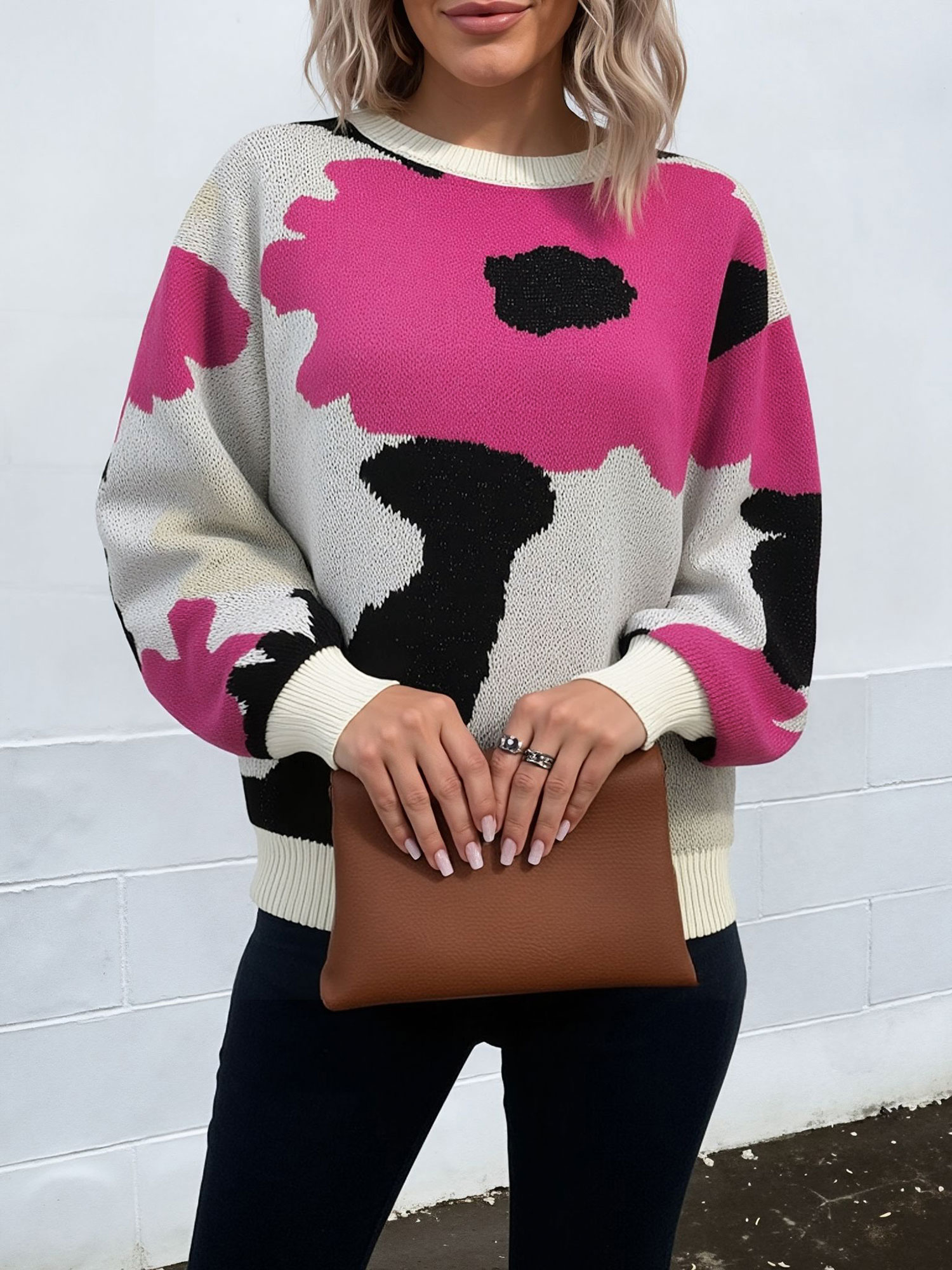 Crew Neck Long Sleeve Knit Pullover Sweater Rose Red/XL