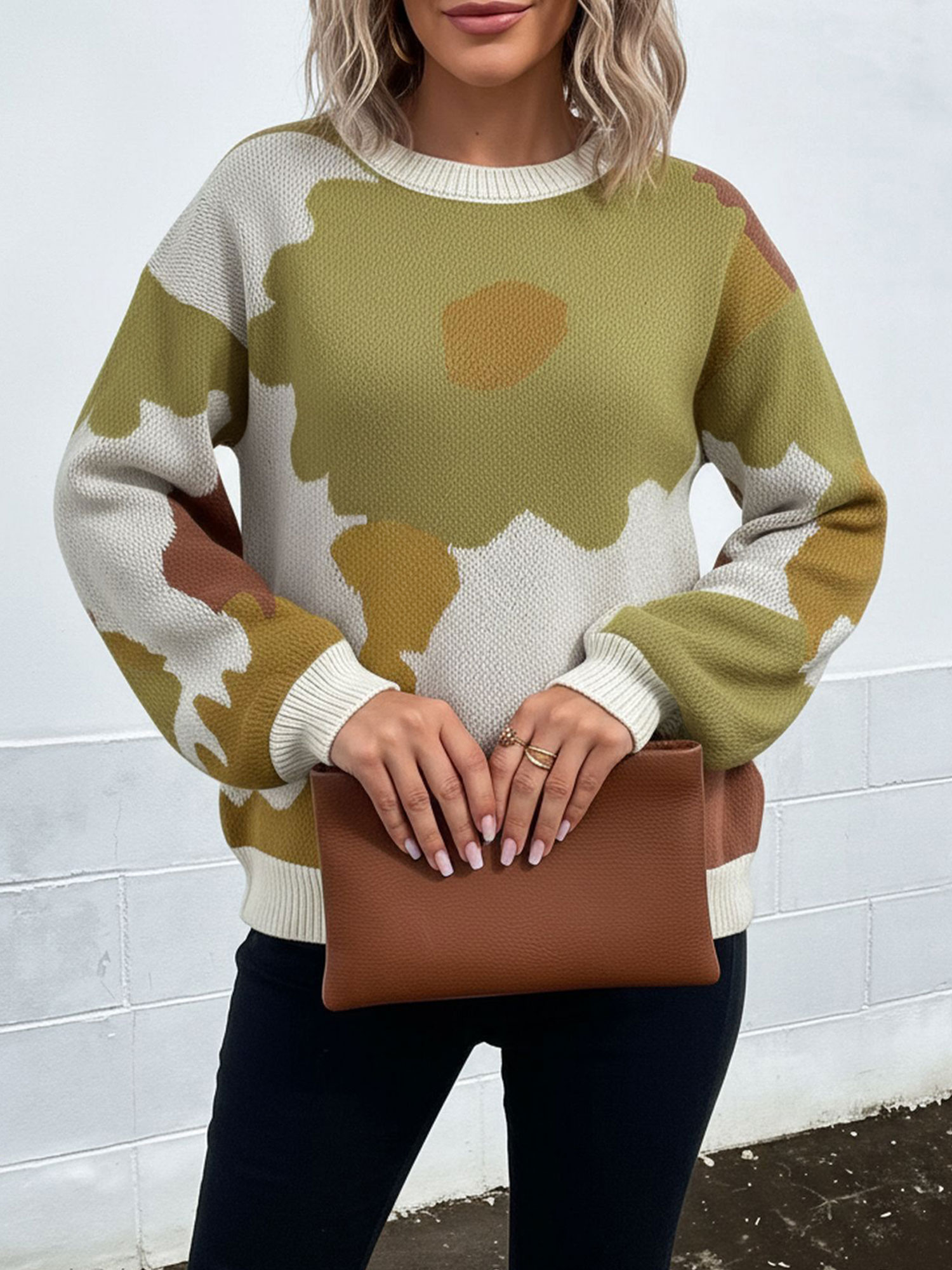 Crew Neck Long Sleeve Knit Pullover Sweater Green/XL