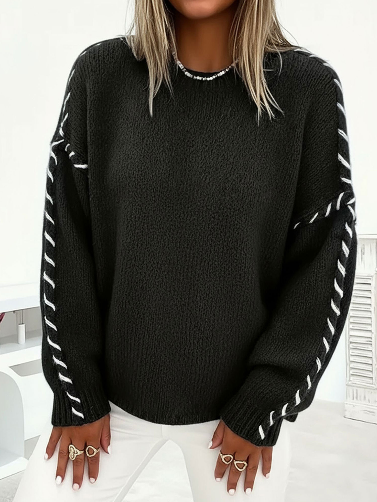 Colorblock Pullover Crew Neck Long Sleeve Knit Sweater Black/XS