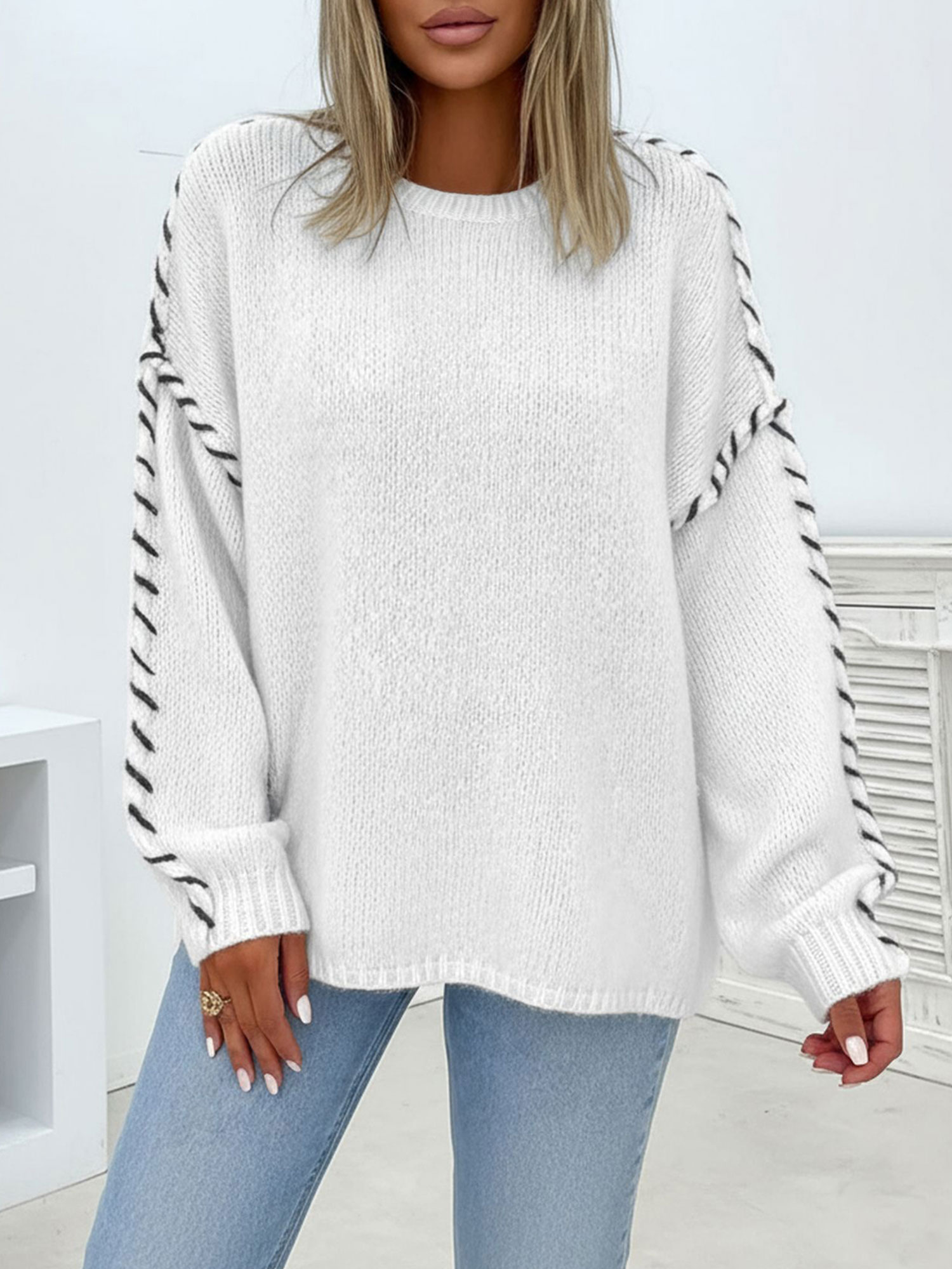 Colorblock Pullover Crew Neck Long Sleeve Knit Sweater White/M