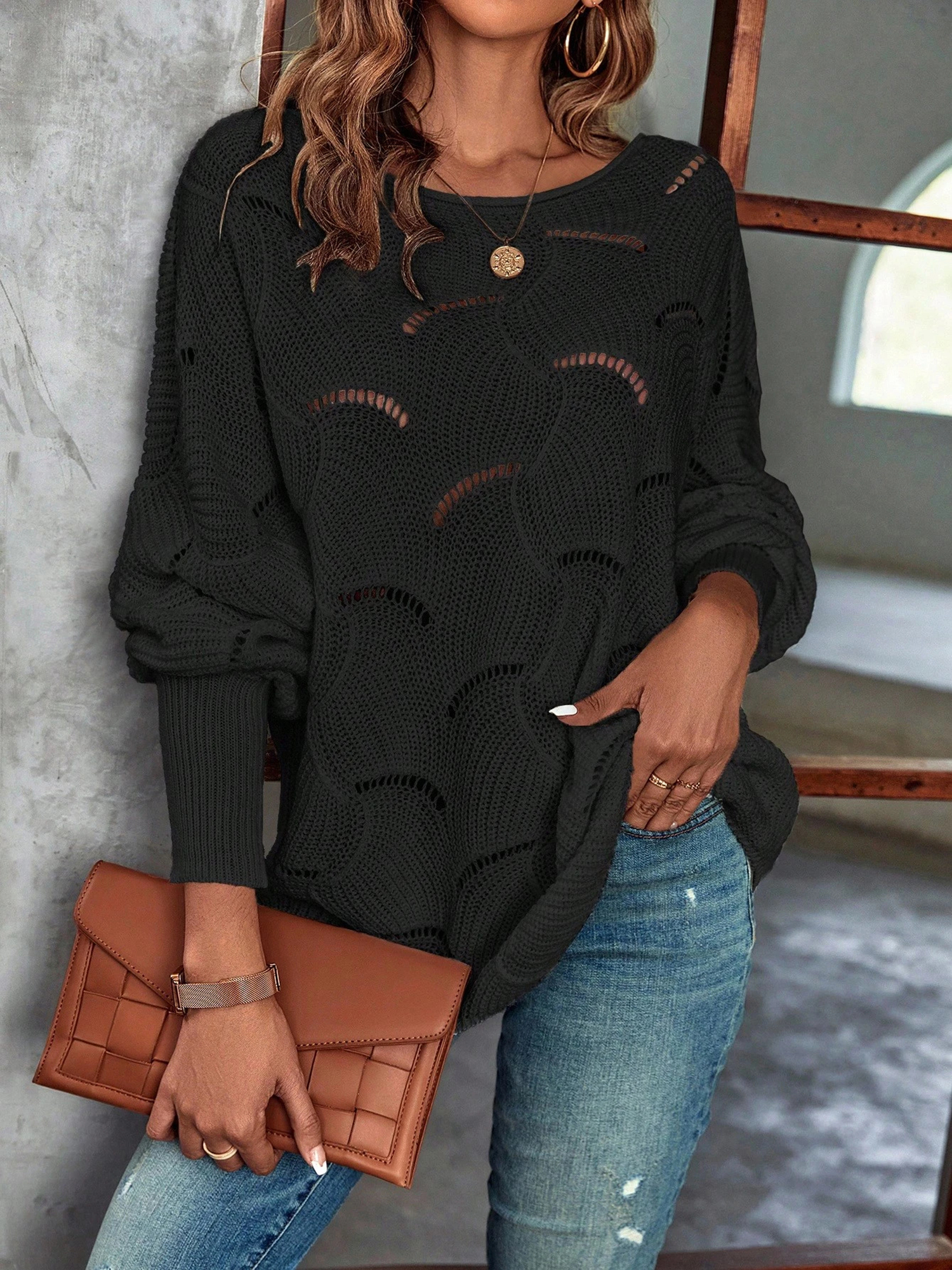 Lightweight Knitted Long Sleeves Oversized Sweater Black/3XL