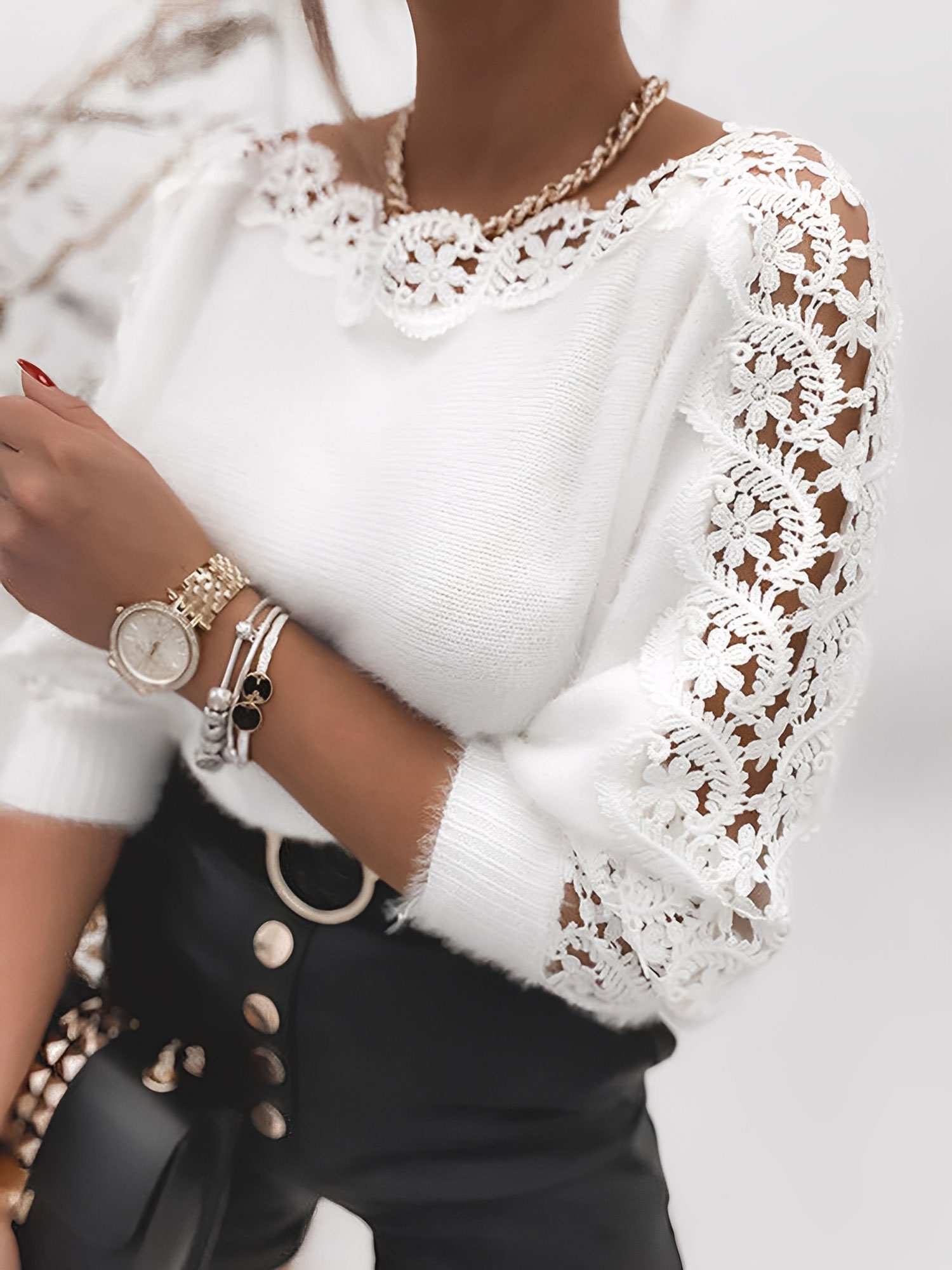 Lace-Panel Sleeves Solid Color Knitted Sweater White/XS