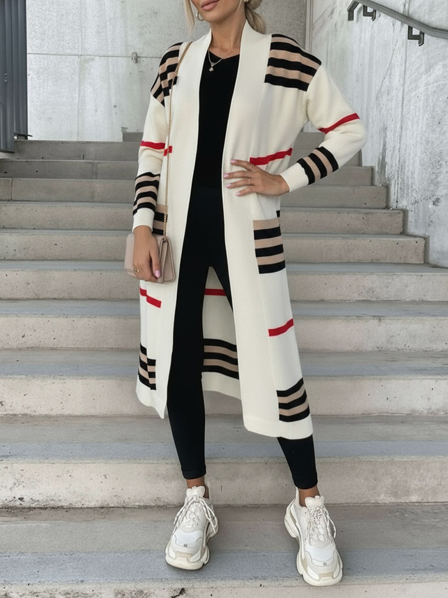 Loose Fit Long Sleeve Striped Knit Cardigan Beige/2XL