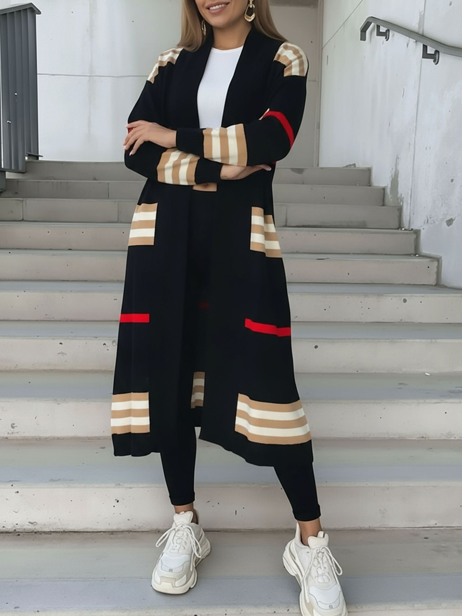 Loose Fit Long Sleeve Striped Knit Cardigan Black/S