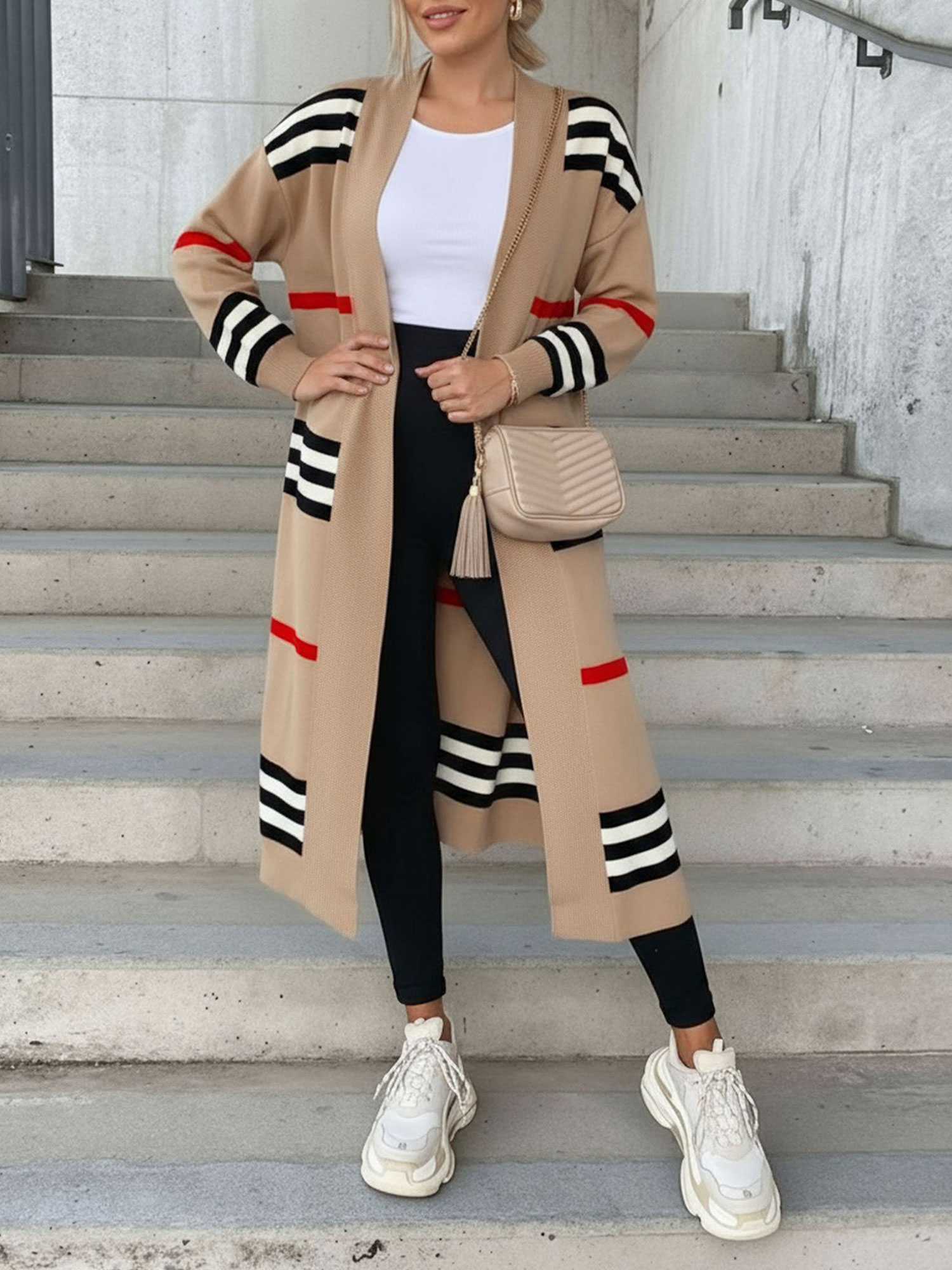 Loose Fit Long Sleeve Striped Knit Cardigan Khaki/L