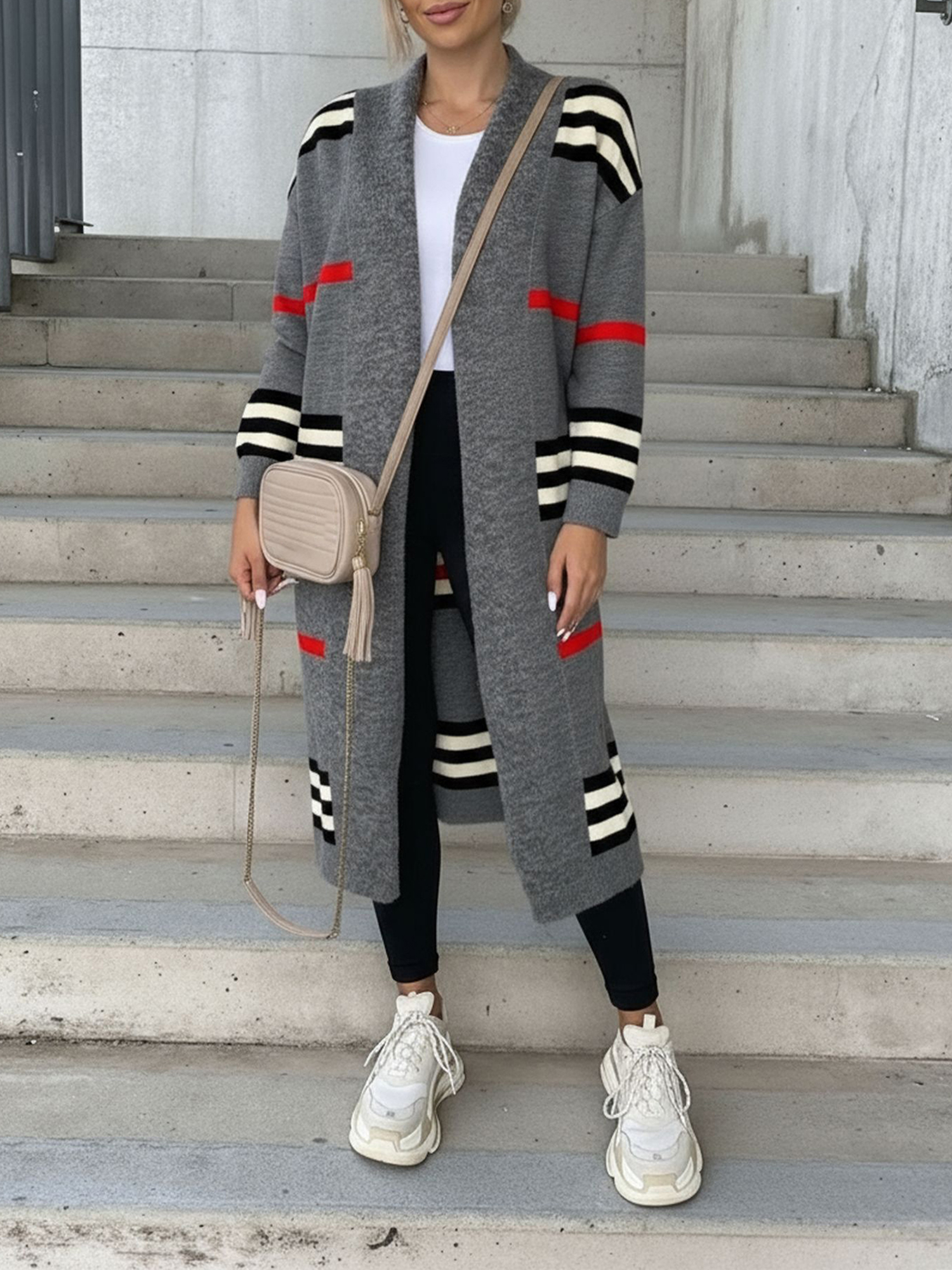 Loose Fit Long Sleeve Striped Knit Cardigan Gray/M